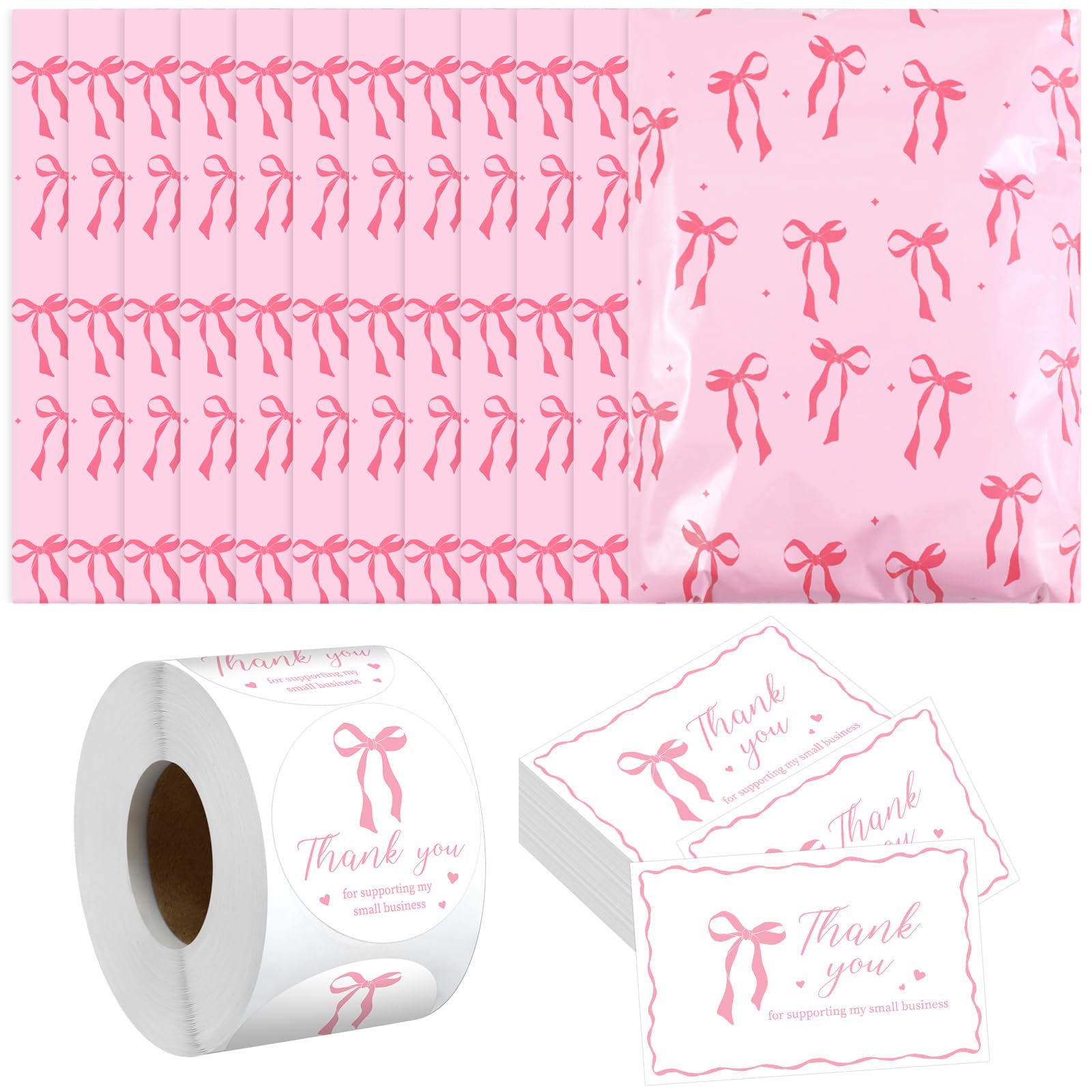 Maasechs 200 Pack 10x13 Pink Bow Poly Mailers Set Waterproof Self Adhesive Cute Shipping Bags with Thank Cards and Stickers Set for Small Business