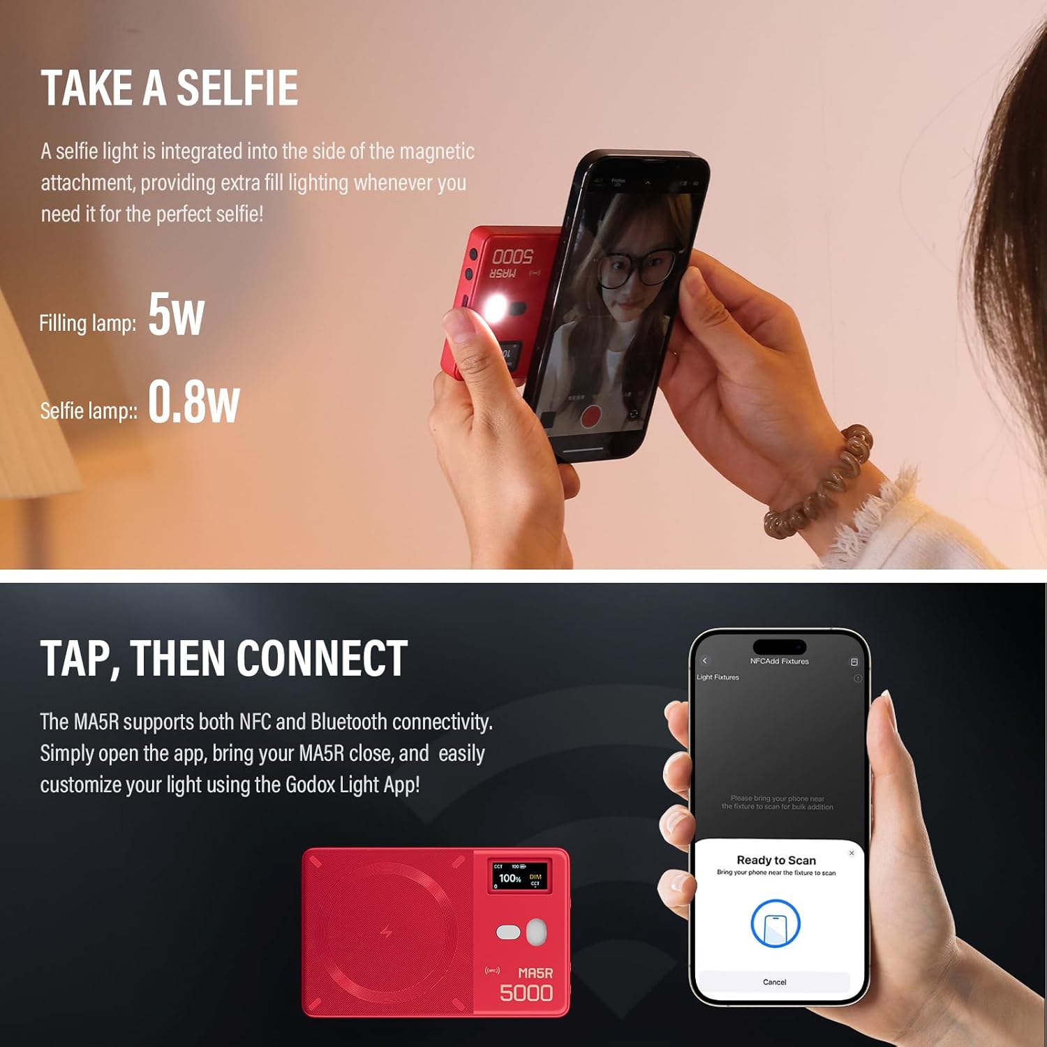 GODOX MA5R LED Fill Light with Soft Diffuser Magnetic Charging Phone Selfie Lighting Mini on Camera Lights 1800K-10000K 14 FX Modes for Selfies, YouTube, TikTok, Vlogging, Video Conferences (Red)