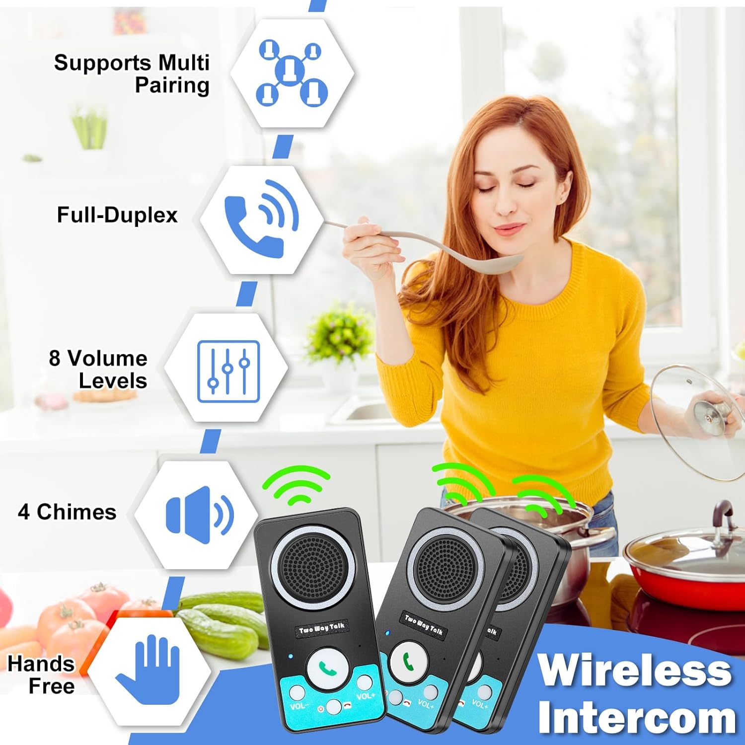 Intercoms Wireless for Home, Hands-Free Wireless Intercom, Long Range, 8 Volume Levels, 4 Chime Full Duplex 2 Way Intercoms System for House, Business(3 Intercoms Black)