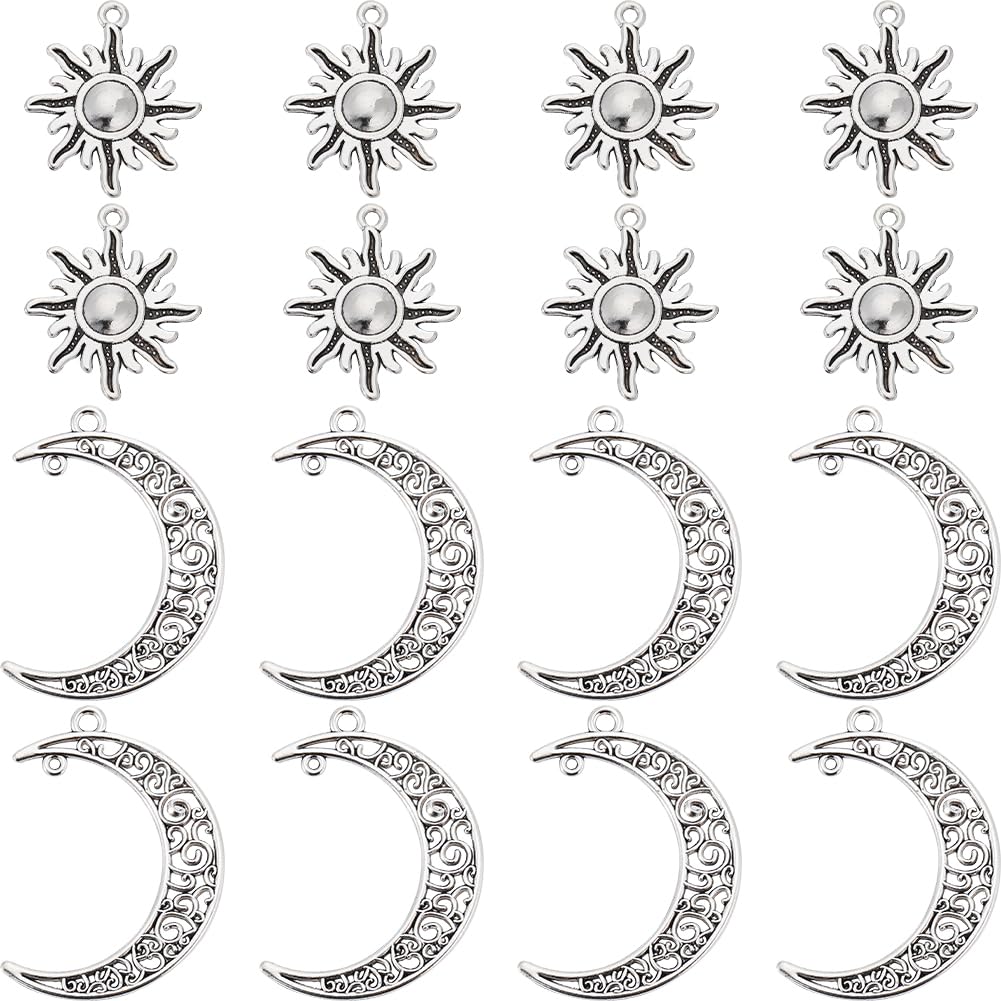SUNNYCLUE 1 Box 60Pcs Sun Charms Silver Moon Connector Charms Large Sunflower Crescent Tibetan Bohemia Alloy Celestial Charm for Jewellery Making Charms Supplies DIY Necklace Bracelet Earrings Adult