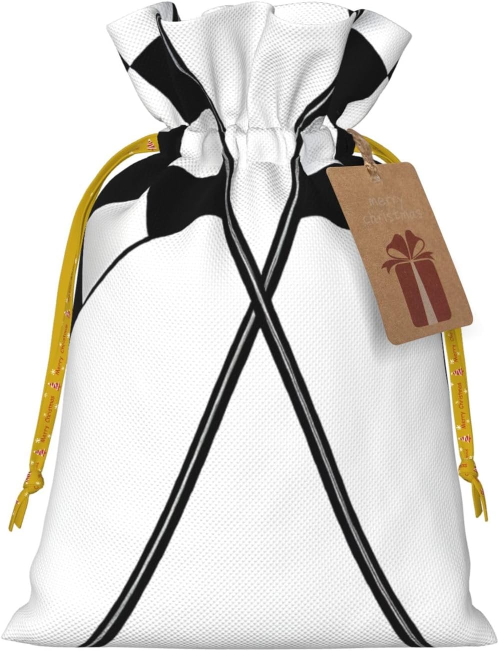 Black White Formula Checkered Flags Printed Drawstring Linen Gift Bag For Christmas Halloween Weddings Birthdays Party