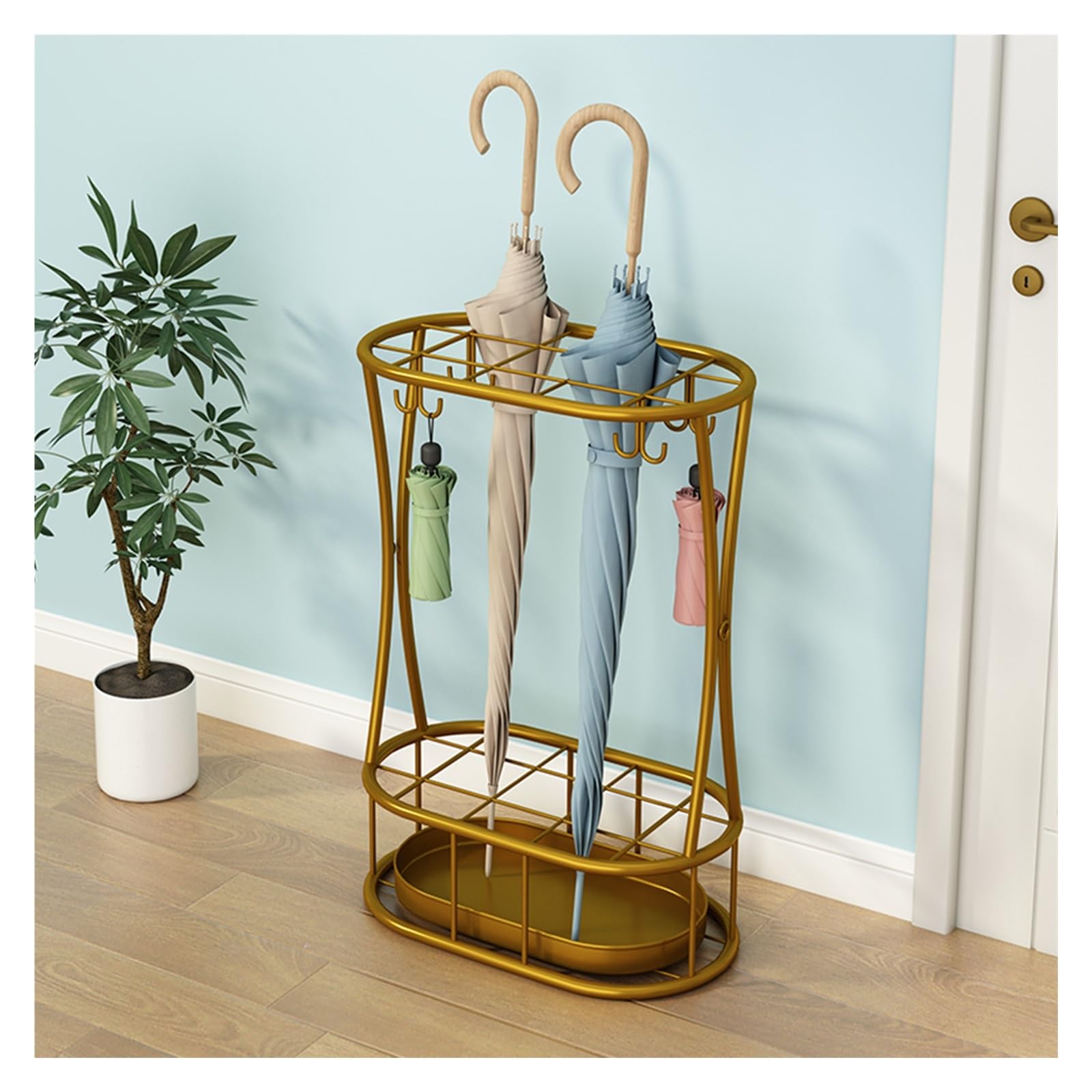 BHFPFZA 8-Hook Gold Umbrella Stand, Entryway Umbrella Storage for Home, Office, Studio, Hallway, Nursery or School, Drip Tray Included, Stylish and Functional Design