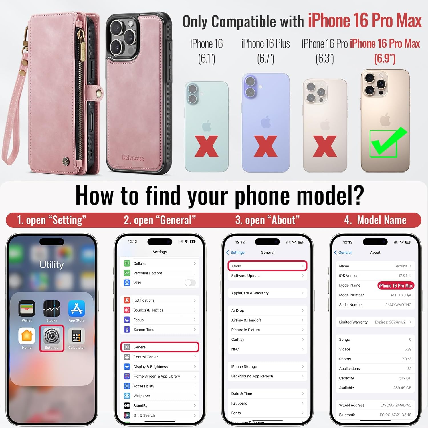 Defencase for iPhone 16 Pro Max Magnetic Wallet Case Compatible with Magsafe with RFID Blocking Zipper Strap Card Holder for Women PU Leather Detachable Case for iPhone 16 Pro Max (6.9"), Rose Pink - Image 7