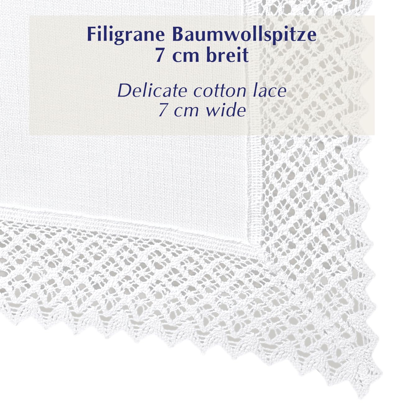 Tischdecke mit Spitze 100x100 cm Mitteldecke Weiß in Leinenoptik mit 7cm Baumwollspitze - Baumwolle Polyester 230g/m² Schwere Qualität, Fleckschutz mit Lotuseffekt