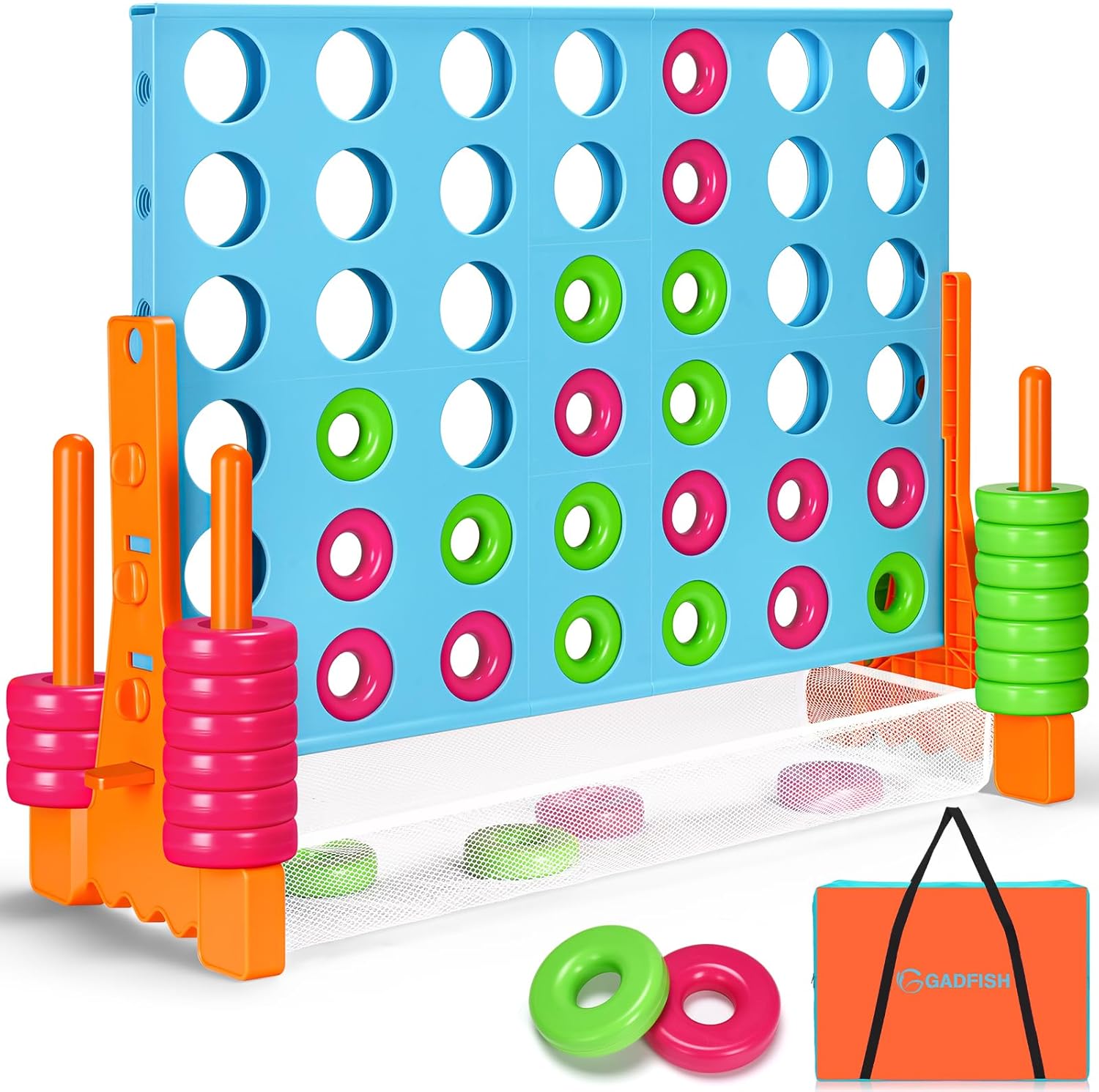GADFISH Giant Connect 4 Game Set -2.6FT Tall Outdoor Connect 4 Perfect for Indoor & Outdoor Use, Connect 4 Jumbo Yard Game for Kids & Adults, with 42 Jumbo Rings & Quick-Release Slider (Blue & Orange)