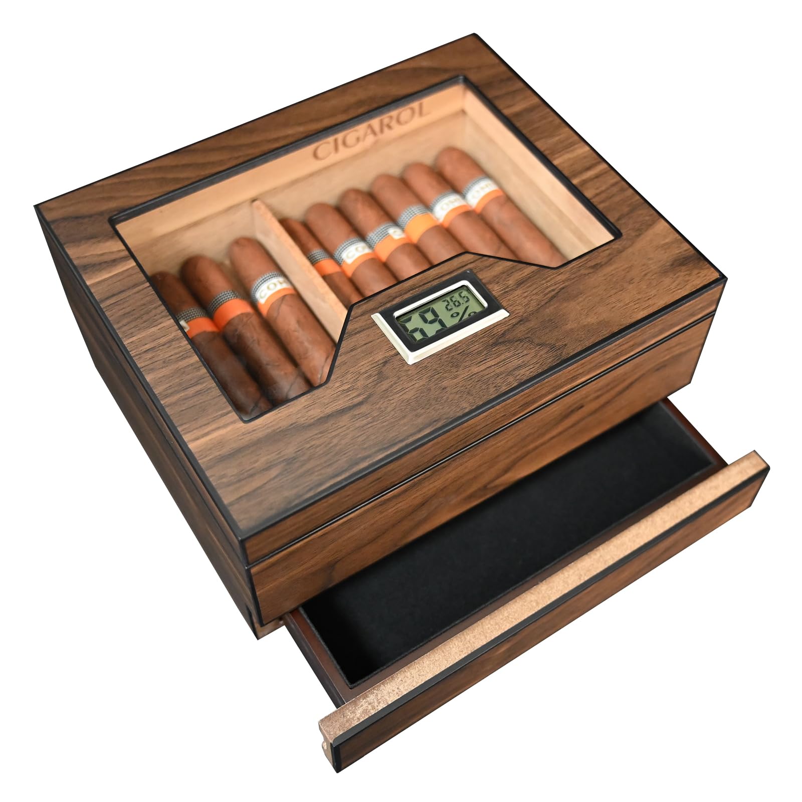 Humidor, Humidor Puros de Madera de Cedro con Higrómetro y Humidificador, Caja Puros Hecho a Mano con Cajón para 25-30 Cigarros, Grandes Regalos para Hombres (Puros no Incluidos)