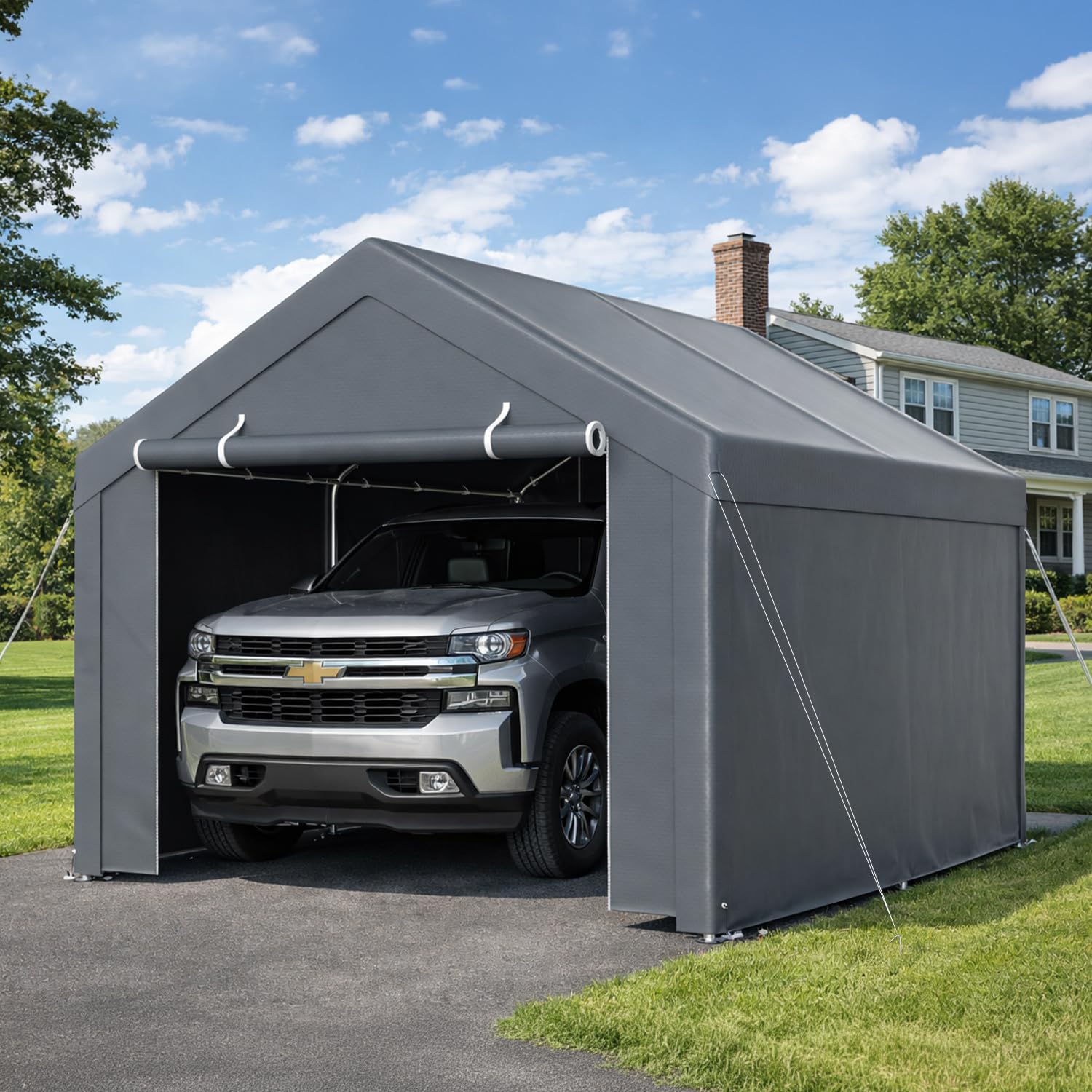 Tenda da garage con telone in PE resistente alle intemperie, impermeabile, con 2 pareti laterali e 10 picchetti, protezione UV, per auto, SUV, barca, 3 x 4 m