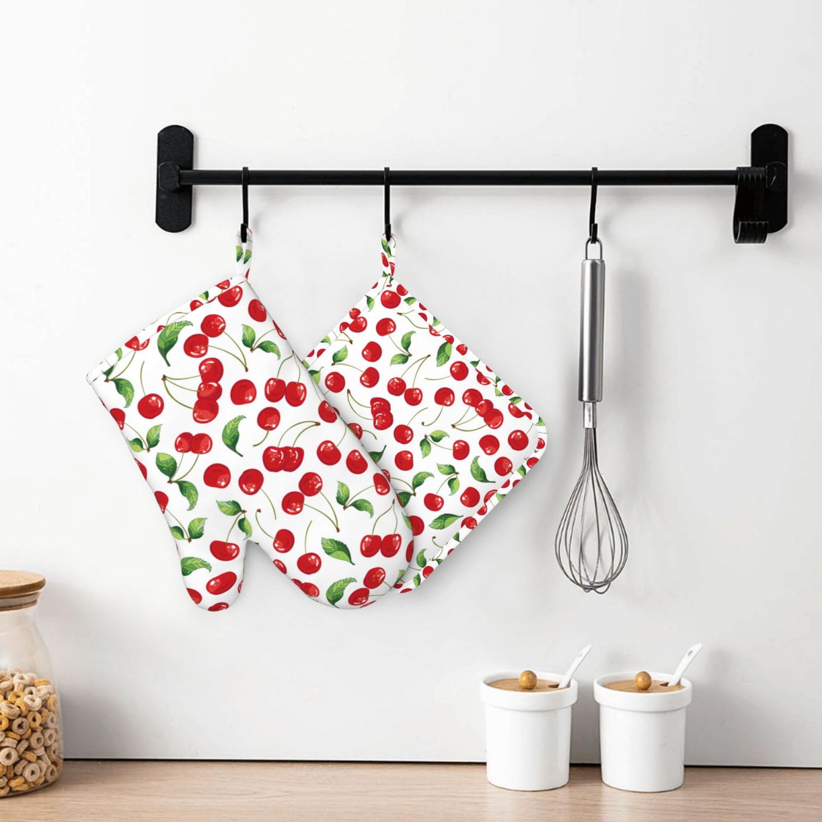 Juego de manoplas de horno y soportes para ollas de silicona con patrón de frutas de cerezas, manoplas de cocina, resistentes al calor, 4 guantes de horno, almohadillas calientes para