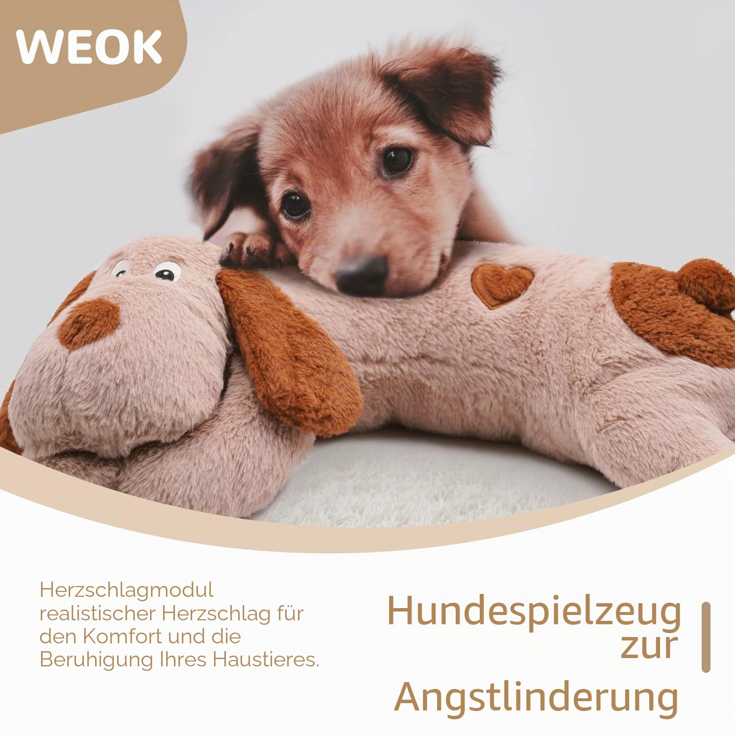 WEOK Heartbeat Welpe Plüsch Hundespielzeug, Welpe Herzschlag Stofftier für Hunde Angst Linderung Verhalten Hilfe Spielzeug (Brown +Big)