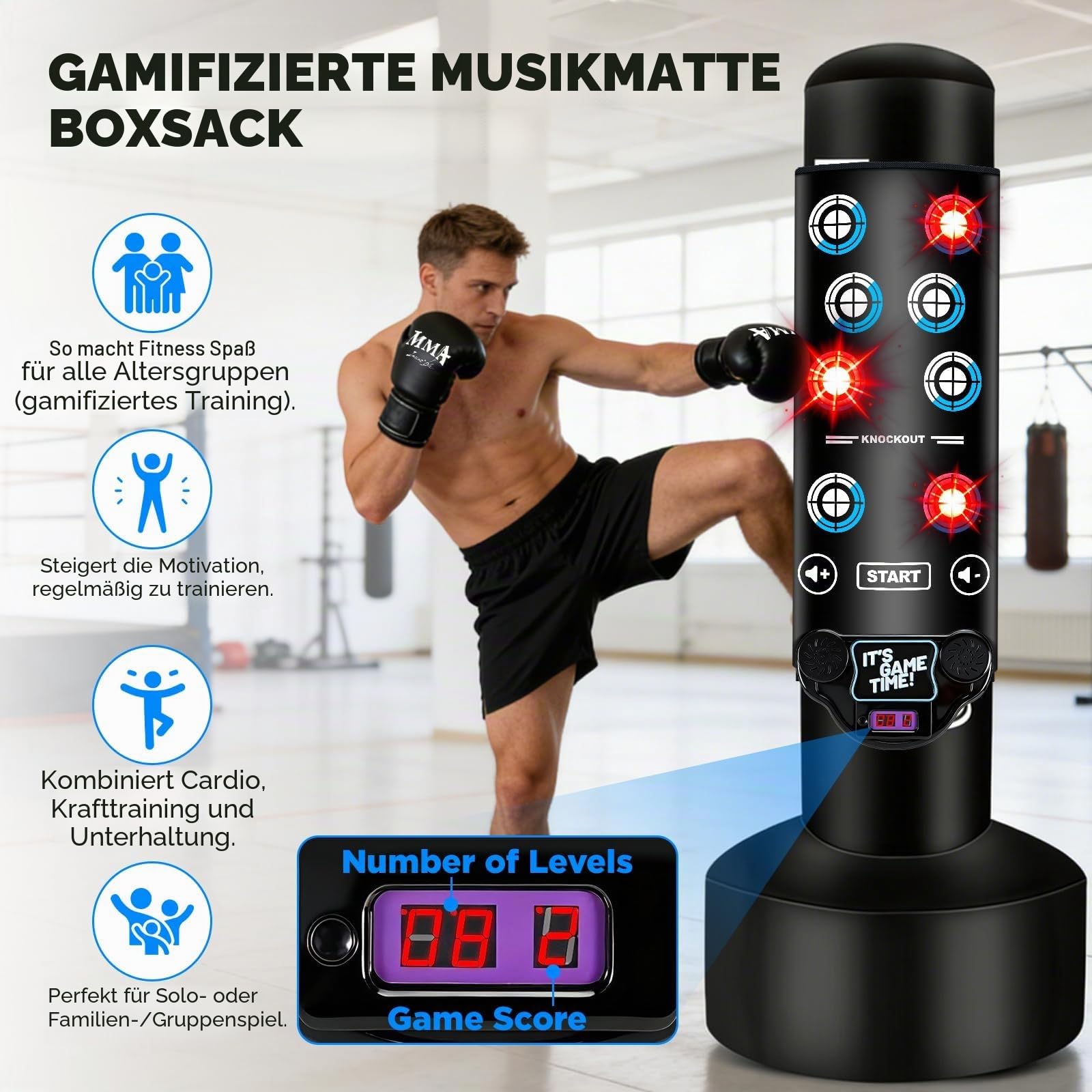 NZQXJXZ Verbesserter Boxsack Stehend mit interaktiver Musikmatte, 175cm Boxsack Erwachsene mit Punktestandanzeige, Licht- und Musikmatte, Kickboxen für Anfänger, MMA-Training