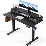 HUANUO 55″ x 26″ Bureau électrique avec 2 Tiroirs, Support de pince en C compatible, Bureau d'ordinateur réglable en hauteur, Bureau de réception 4 Hauteurs prédéfinies & 2 Crochets, blancs