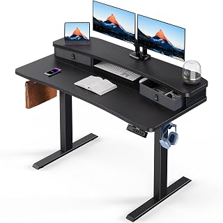 HUANUO 48x24 Electric Standing Desk with 2 Drawers - Adjustable Height, C-Clamp Monitor Mount Compatible, Home Office Stand Up Desk Black