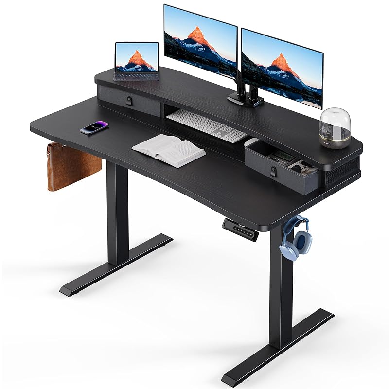HUANUO 48″ x 24″ Electric Standing Desk with 2 Drawers, C-Clamp Mount Compatible, Height Adjustable Computer Desk, Home Office Stand Up Desk with 4 Preset Heights & 2 Hooks, Black Black 48" X 24"
