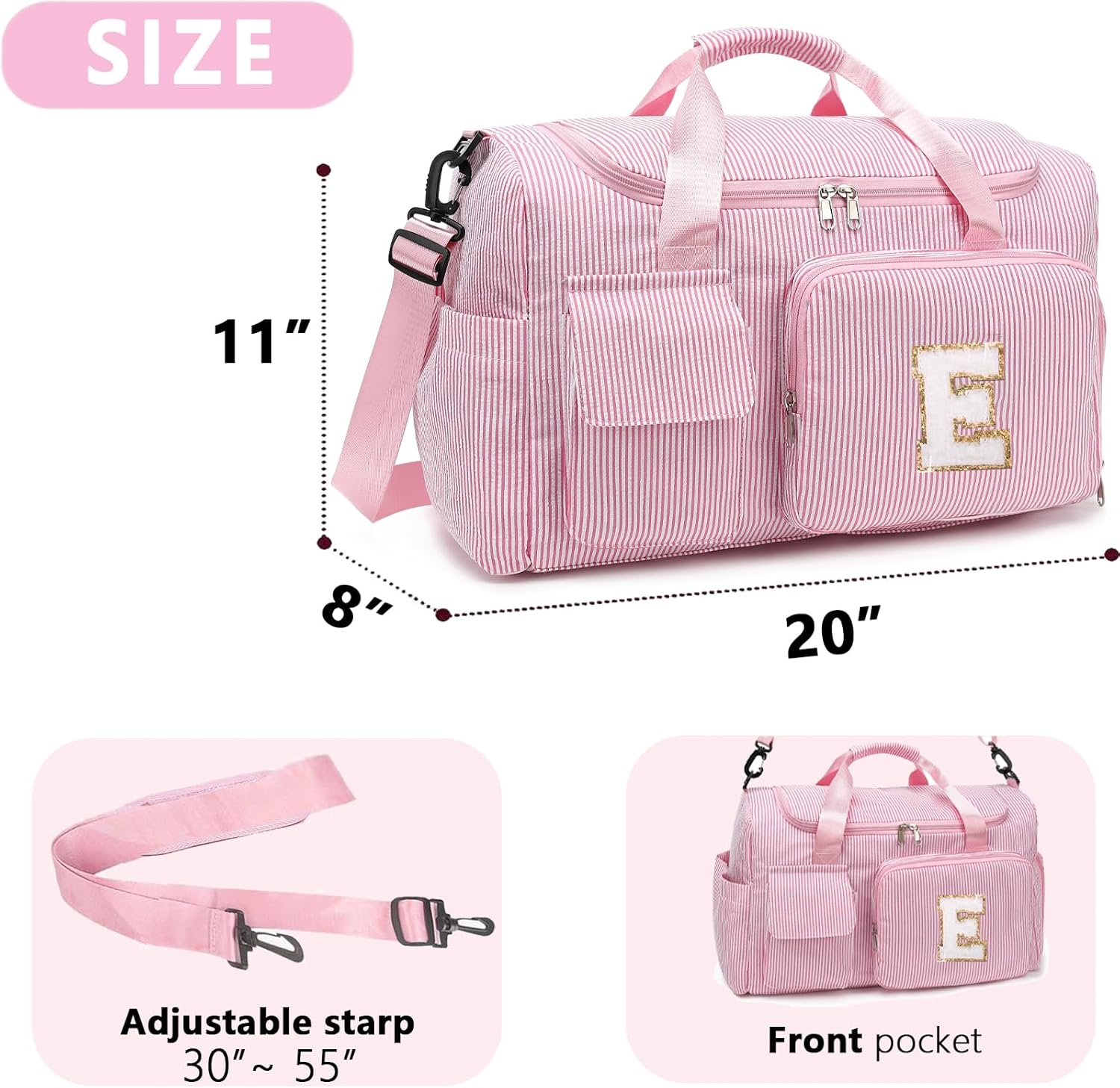 Kids Travel Duffle Bag Dance Bag Gifts for Girls Initial Gym Bag with Shoes Compartment for Women Lightweight Weekender Bags Pink-E - Image 3
