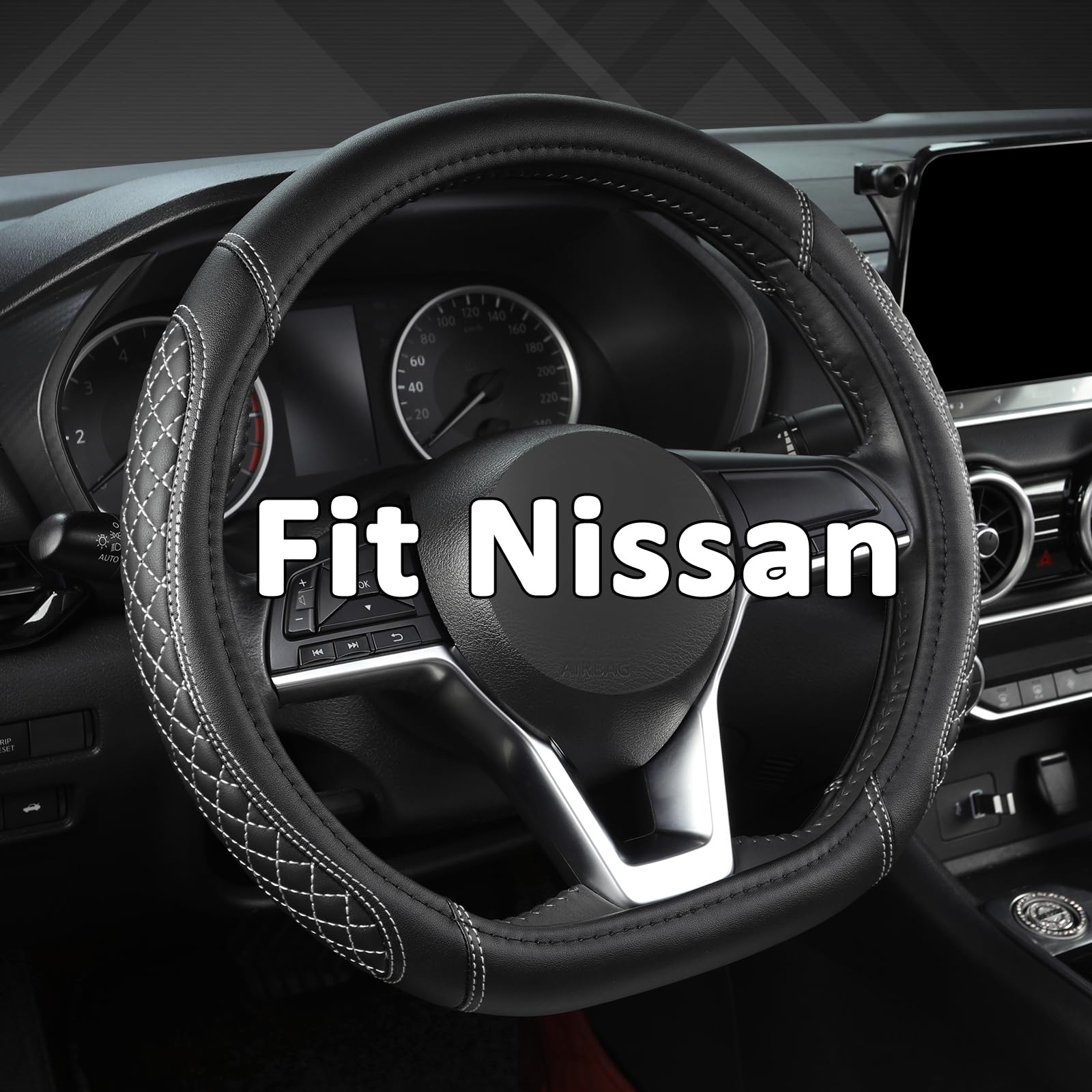 West Llama Flat Bottom Car Steering Wheel Cover for Nissan,D Shaped Steering Wheel Cover for Rogue,Altima,Kicks (Diamond Quilted-Black+Gray-Standard Size)