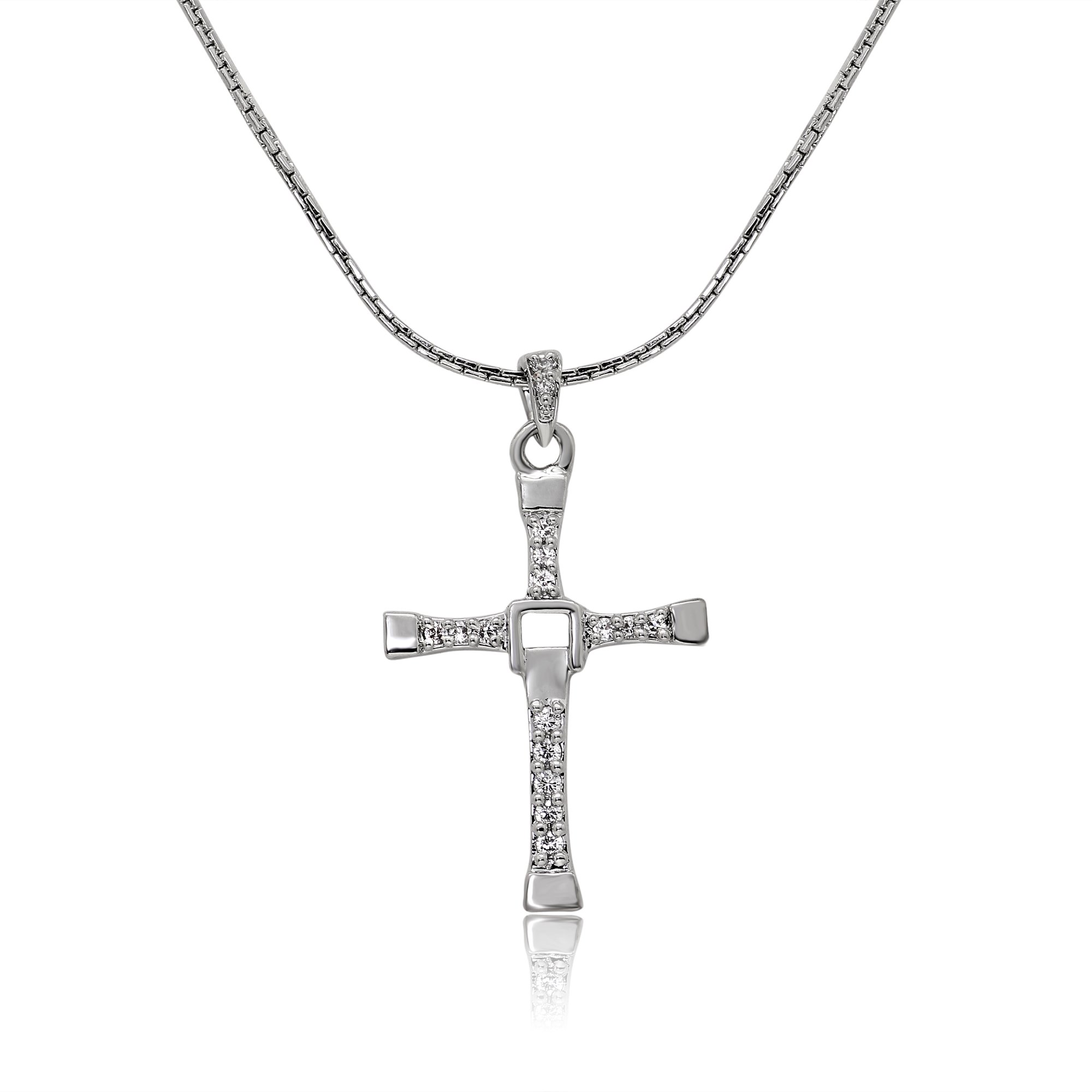 Rhodium Plated Religious Cross Pendant with Crystal for Men & Women PS1101545R