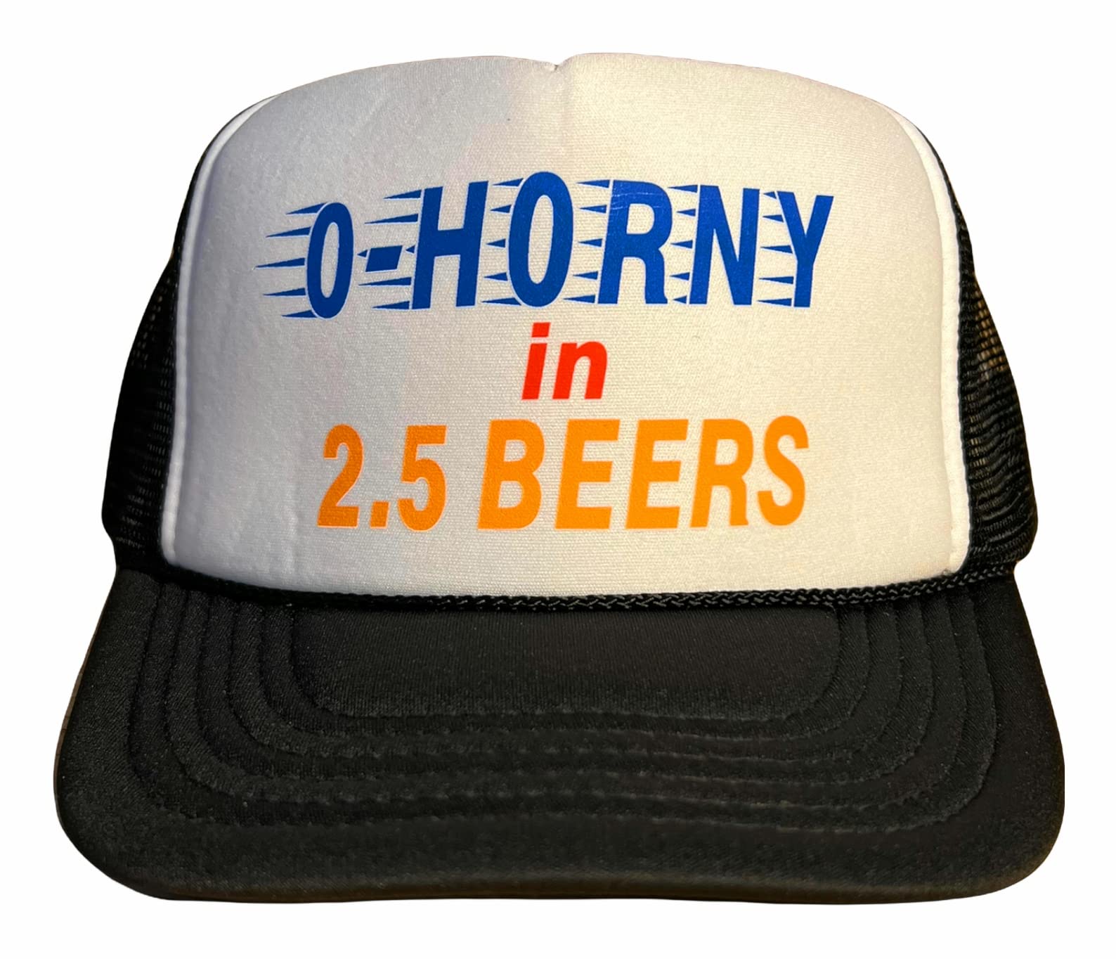 0-Horny in 2.5 Beers Snapback Trucker Hat for Men or Women, Vintage Fit with Funny Novelty Graphic, Custom Mesh Cap, White