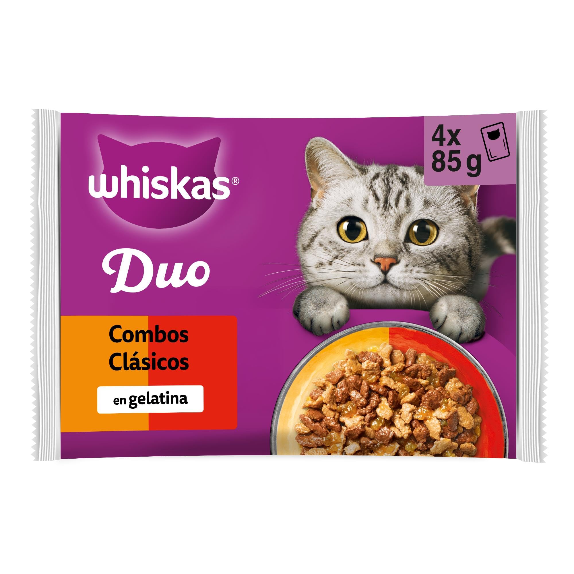 WHISKAS® Duo Comida húmeda en gelatina Gatos Adultos 4x85 g Comb. Clásicas (Paquete de 13) 52 Sobres