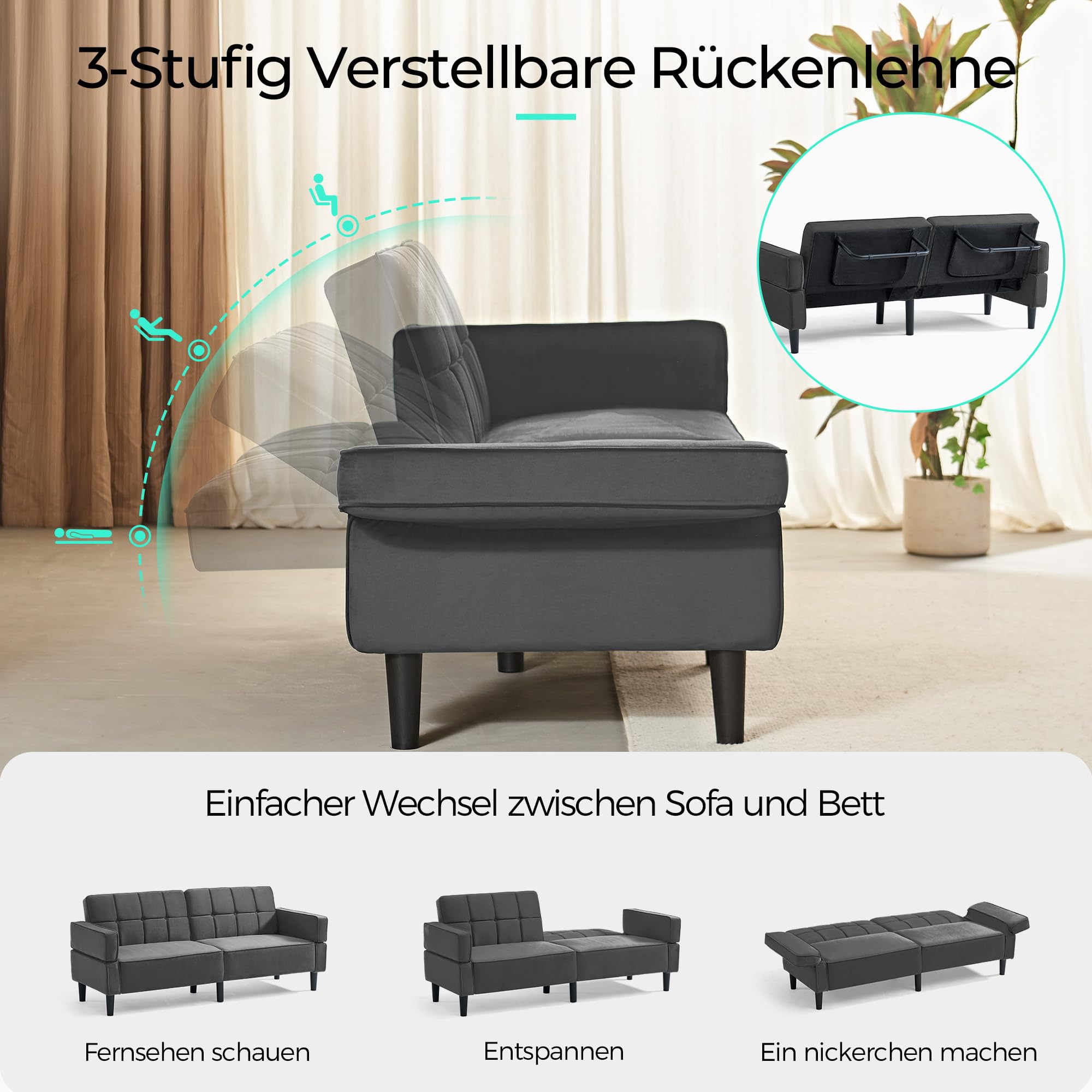 LINSY HOME Sofa mit Schlaffunktion, Klappsofa Sofa 3 Sitzer, Schlafsofa mit Verstellbarer Rückenlehne Armlehnen, 3 Sitzer Sofa mit Bettfunktion aus Samtstoff (Grau)