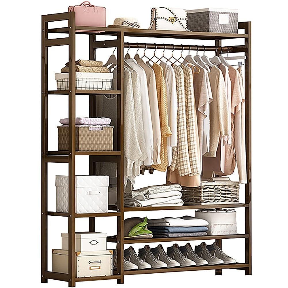 XDLEDMKIZ Bamboo Coat Rack with Storage Shelves and Garment Hanger Freestanding Clothes Stand for Bedroom and Entryway