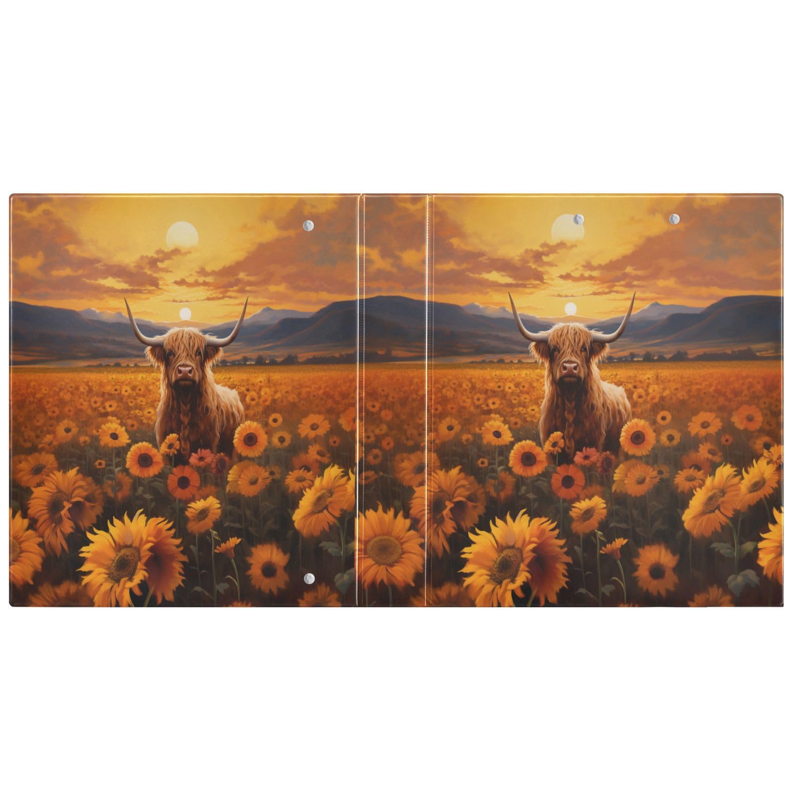 JIPONI Raccoglitore a 3 anelli, motivo mucca delle Highland e girasoli, 2,5 cm, per uomini, donne, studenti, grazioso organizer per documenti per ufficio e scuola, 1 pezzo