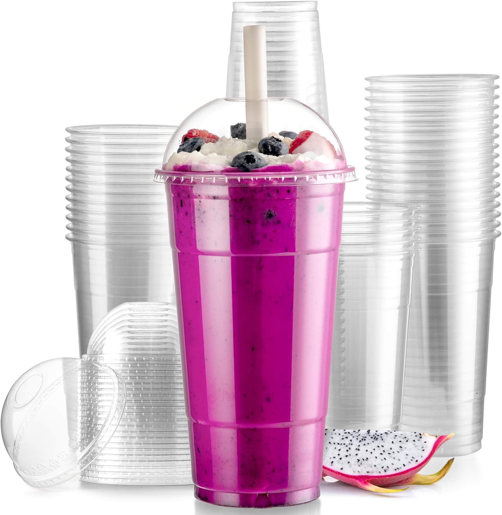 Fit Meal Prep 50 Pack 32 oz Disposable Plastic Coffee Cups with Dome Lids, To Go Iced Coffee Cups with Lids, BPA Free Clear Parfait Cups for Party, Smoothie, Bubble Boba, Juice, Frappuccino, Milkshake