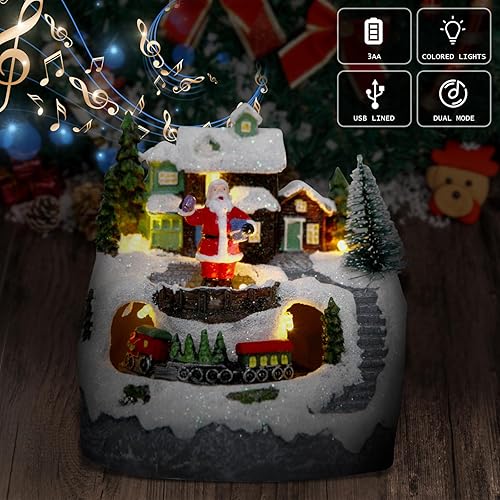 Miniatura 4 de Decoraciones navideñas de resina para casa de pueblo, figuras coleccionables de construcción, tren giratorio, globo de nieve musical, 8 música para