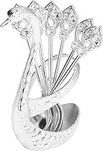 Restokki Suporte de colher de café, suporte de base de cisne de metal organizador de colher com 6 colheres de sorvete, suporte para mexedores de café, talheres de sobremesa (prata)