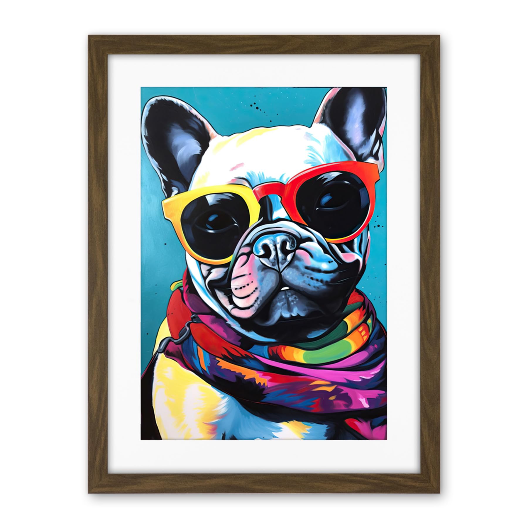 Artery8 French Bulldog in Sunglasses and Bandana Folk Art Artwork Framed Wall Art Print 18X24 Inch