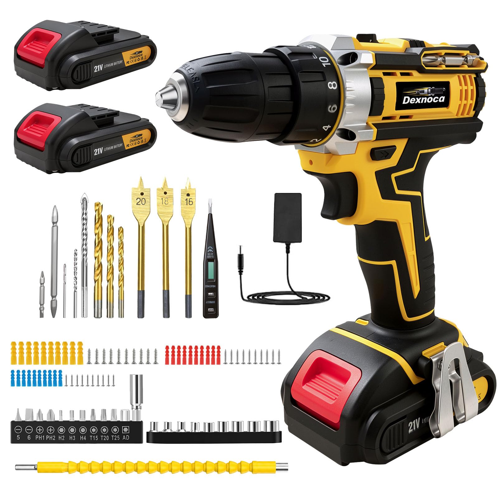 Dexnoca Yellow-2 Batteries Cordless Drill 21V, 102Pcs Comprehensive Drilldrivers Kit Battery Power, 45N.m Combi-Drill With 2X 2.0Ah Batteries, Wood Spade Bits, Voltage Tester Pen, 3/8” Chuck Electric Screwdriver Kit