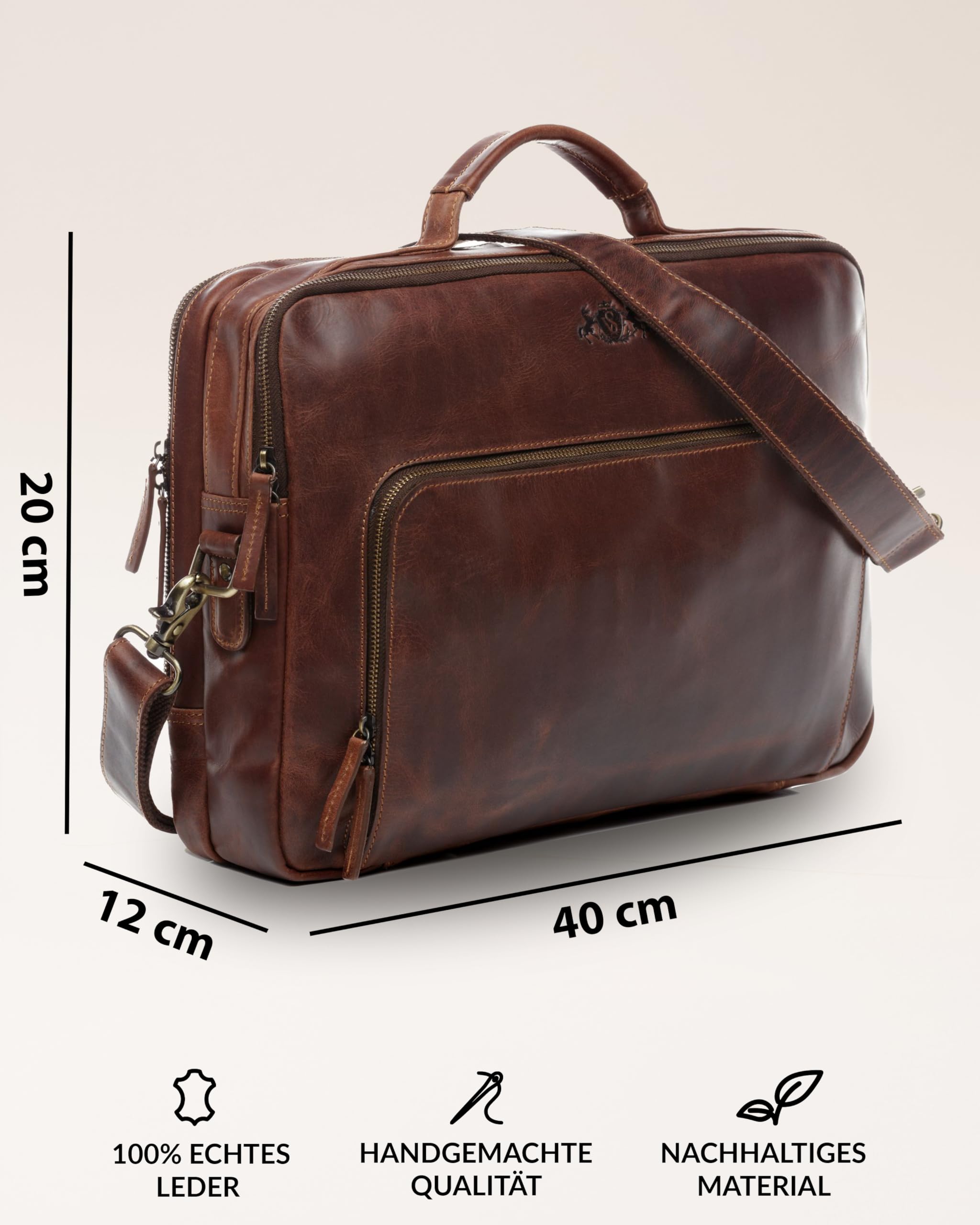 SID & VAIN große Laptoptasche mit Frontfach echt Leder - 15 bis 17 Zoll Laptop Business-Tasche SIMON XL - Umhängetasche Aktentasche extra Laptop-Hülle - Herren Damen braun handgefertigt