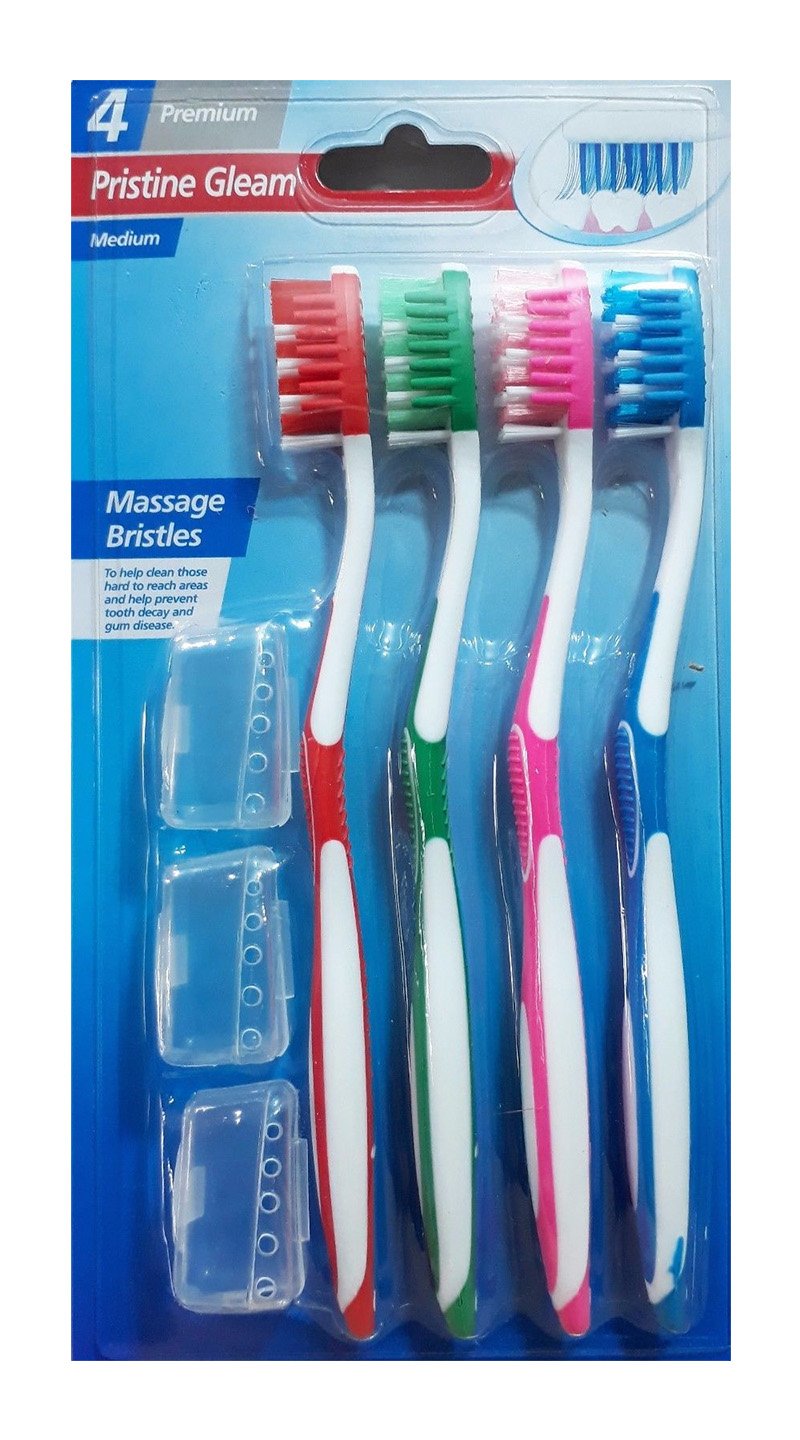 Pack of 4 Toothbrushes with Covers Nylon Bristles Brush Anti-Slip Grip