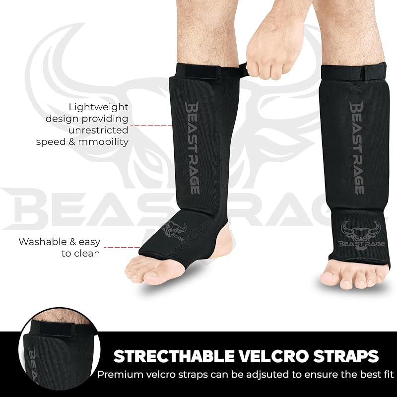BEAST RAGE Neoprén Lábszárvédő Párnázott Rüsztvédővel - Muay Thai, MMA, Box, Karate Edzéshez - Unisex Fekete S Méret