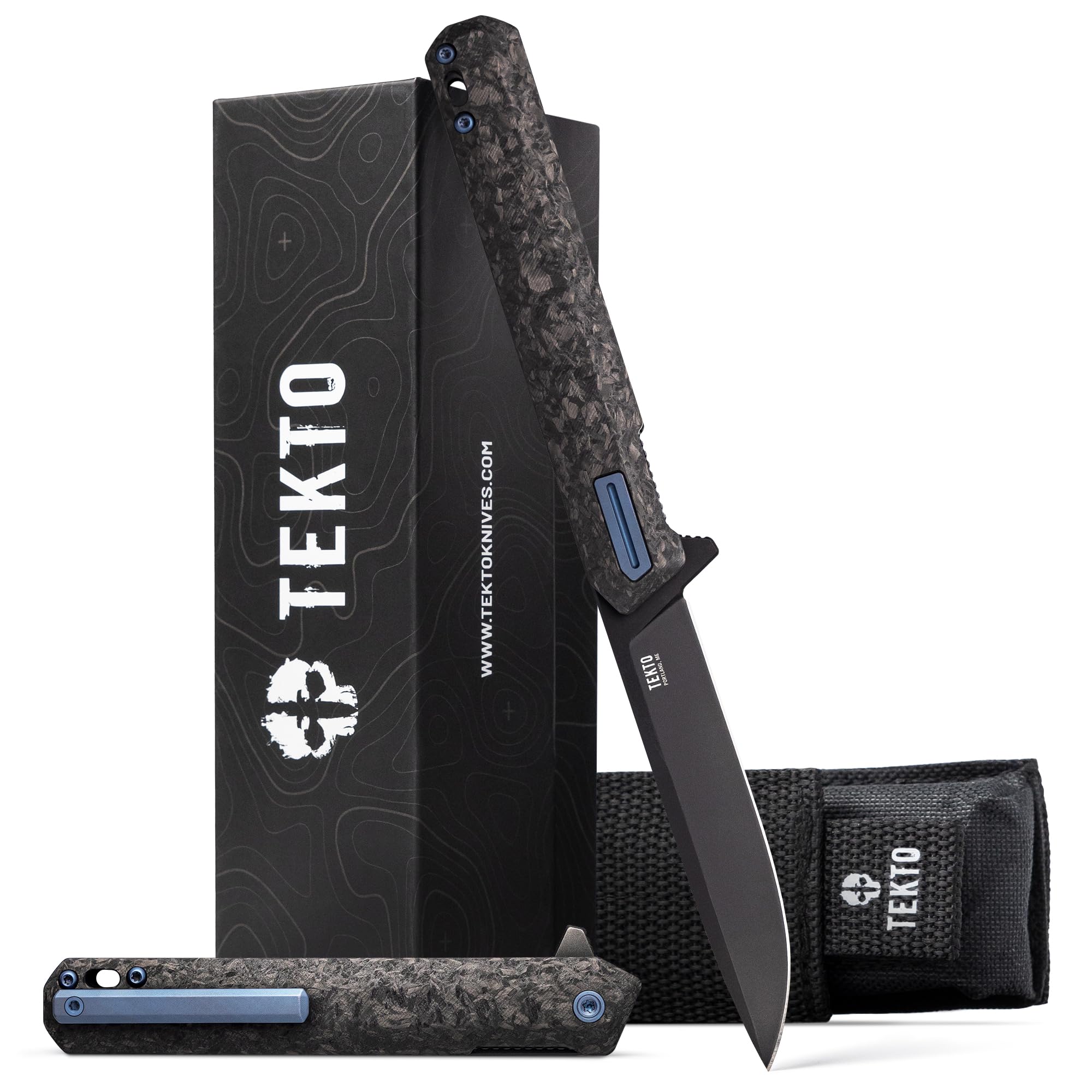 TEKTO F2 Bravo Folding Pocket Knife - D2 Steel Blade, Ceramic Ball Bearings - EDC - Snap, Swift Flip for Camping, Backpacking - 2.4oz (68g), G10 Forged Carbon Handle, Blue Titanium Accents