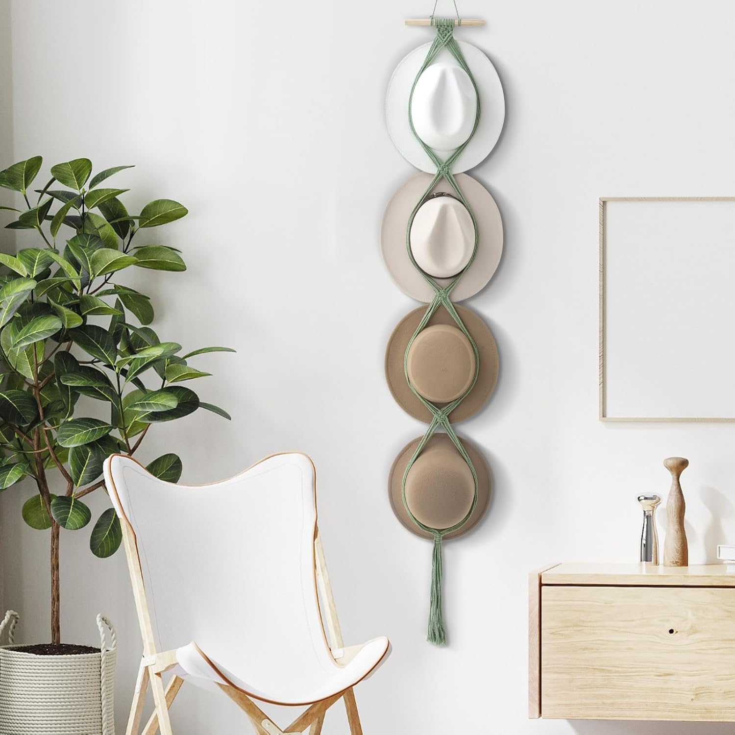 Yulejo Macrame Hat Hangers Boho Hat Rack Cowboy Hat Hanger Back of Door Hat Organizer (Sage Green,Four Hats Style) thumbnail