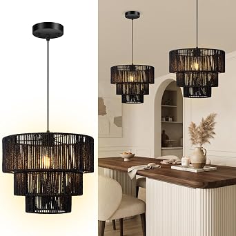 BoostArea Boho Rattan Chandelier Light,3-Tier Hand Woven Pendant Ceiling Light,13 Farmhouse Coastal Wicker Chandelier Hanging Light for Living Room,Kitchen Island,Bedroom,Adjustable Cord,Black