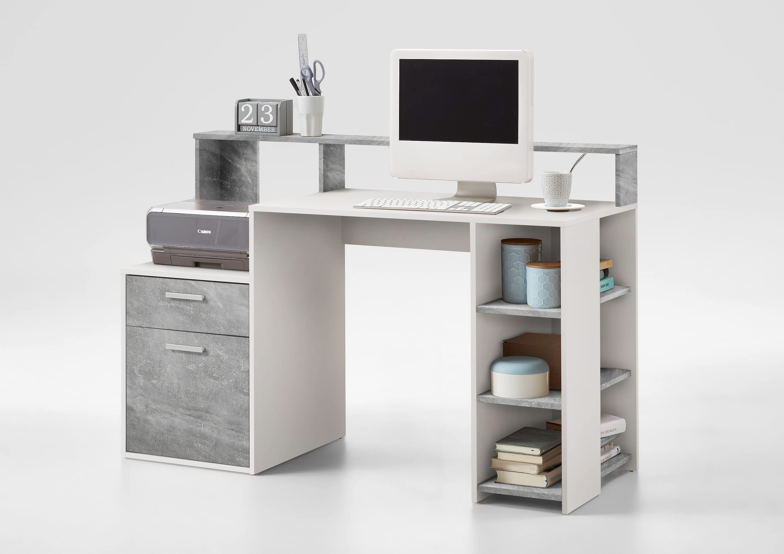 AVANTI TRENDSTORE - Boldino - Scrivania in legno laminato, disponibile in 2 diverse colorazioni. Dimensioni LAP 140x75x60 cm (cemento/bianco)