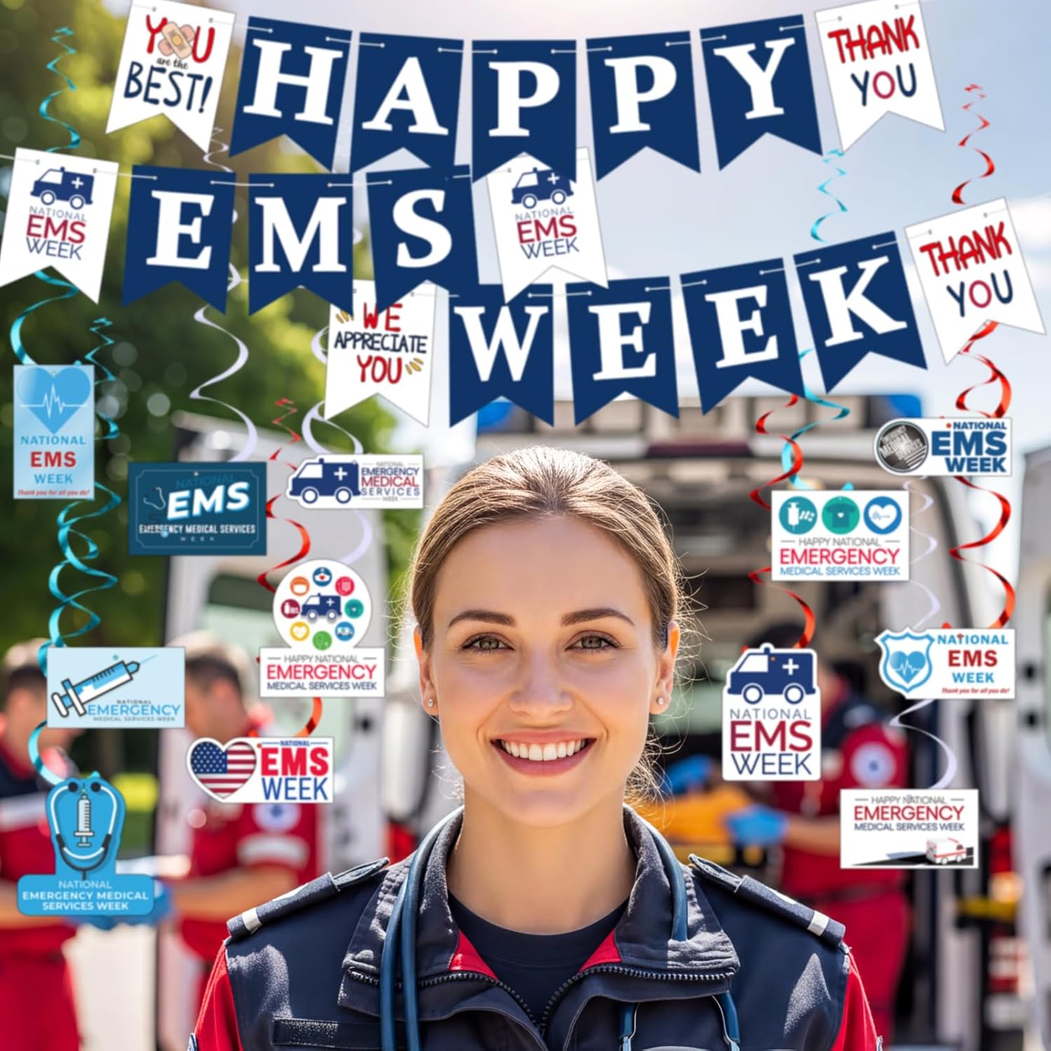 Breling 42 Pcs Emergency Medical Services Week Including Banner Hanging Swirls Wall Decor Holiday Celebrating Events for Emergency Medical Services Festival Supplies