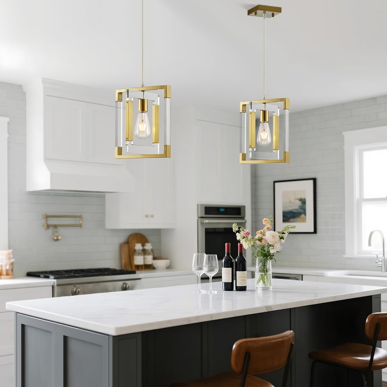 Gold Pendant Light, Modern Cage Pendant Light Fixtures in Brushed Brass Finish, Small Gold Chandelier for Dining Room, Kitchen Island, Restaurant, Entryway