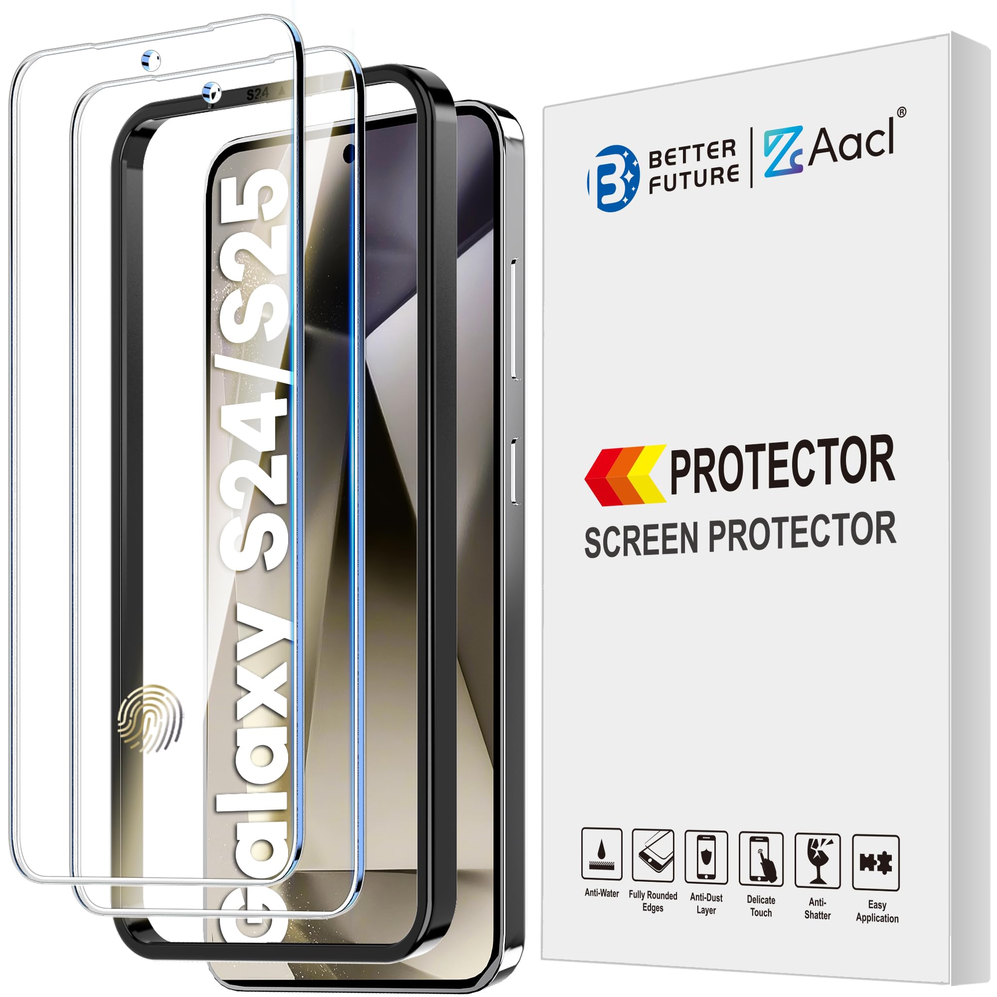 AACL2 Pack for Samsung Galaxy S25 Screen Protector and S24 Tempered Glass 9H Bubble Free Fingerprint Unlock Compatible Case Friendly Anti Scratch Durable with Alignment Tool