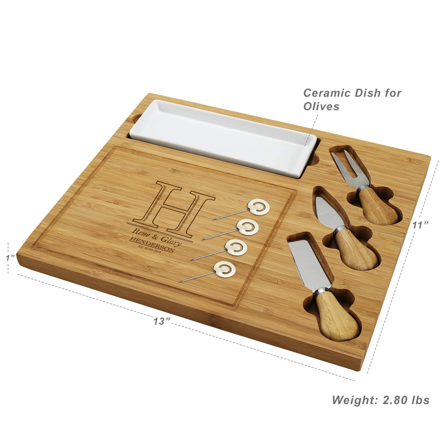Custom Personalized Engraved Bamboo Cutting Board for Cheese & Charcuterie with Ceramic Dish, Knife Set & Cheese Markers -by Picnic at Ascot USA