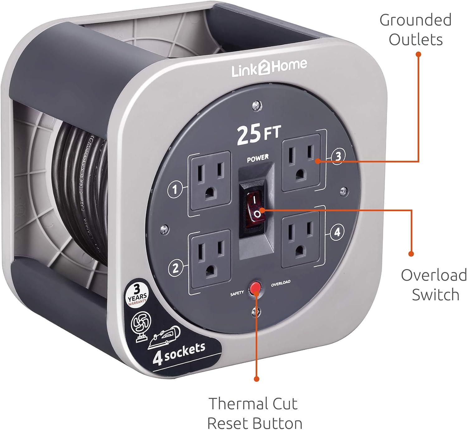 Hottest Sale Link2Home Cord Reel 25 ft. Extension Cord 4 Power Outlets - 16 AWG SJT Cable