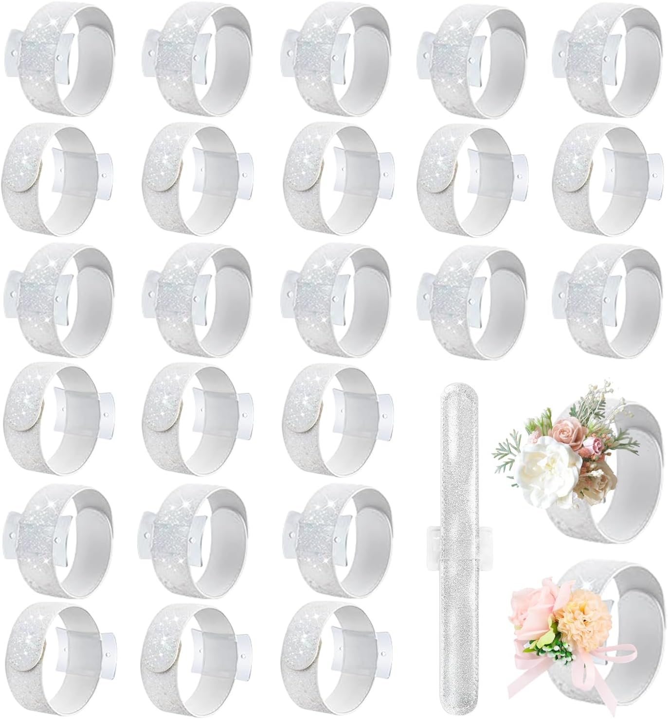 24 Pcs Corsage Wristlet Bands, Floral Wrist Corsage Wedding Bracelets, DIY Wrist Corsages Accessories for Wedding Prom Ceremony Anniversary Bridal Shower Beach Party (Silver)