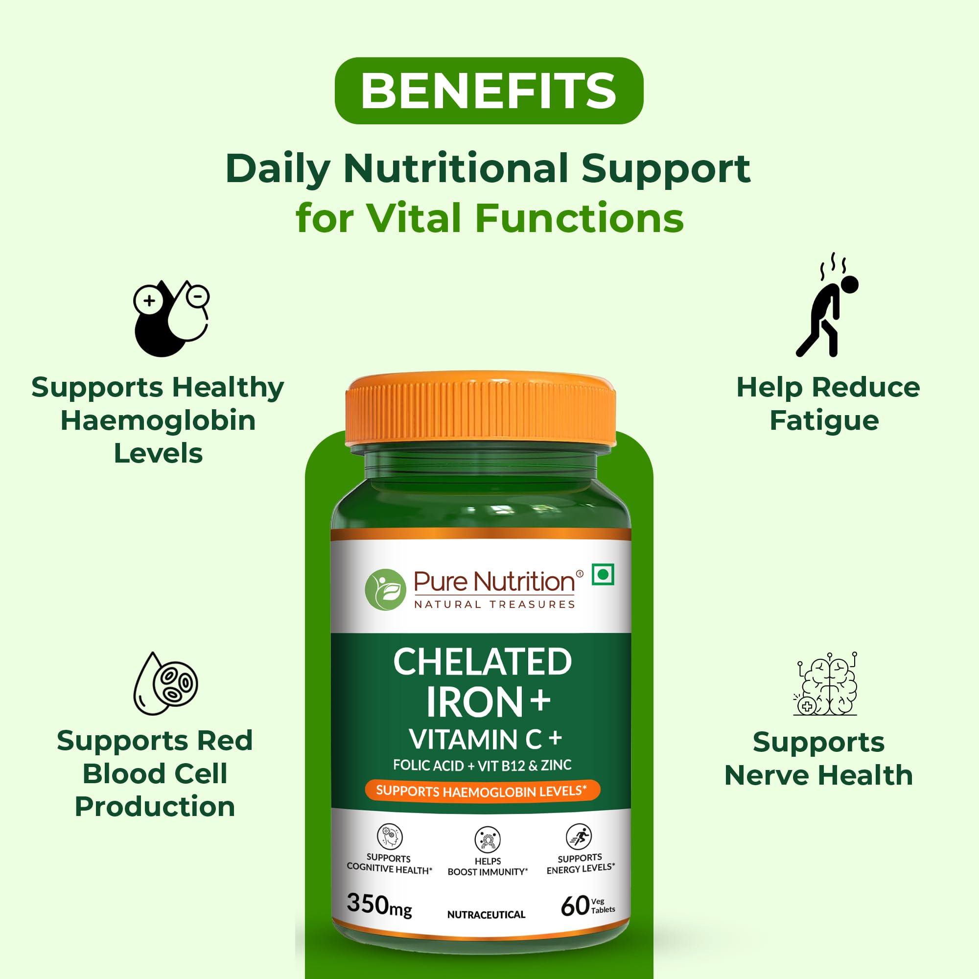 Pure Nutrition Chelated Iron Supplement for Women and Men | Folic Acid Tablets for Pregnancy | Hemoglobin Booster & Maintains Irons Level | with Zinc, Vitamin C & Vitamin B12 - 60 Veg Tablets for Hair Growth with Iron Bisglycinate 1