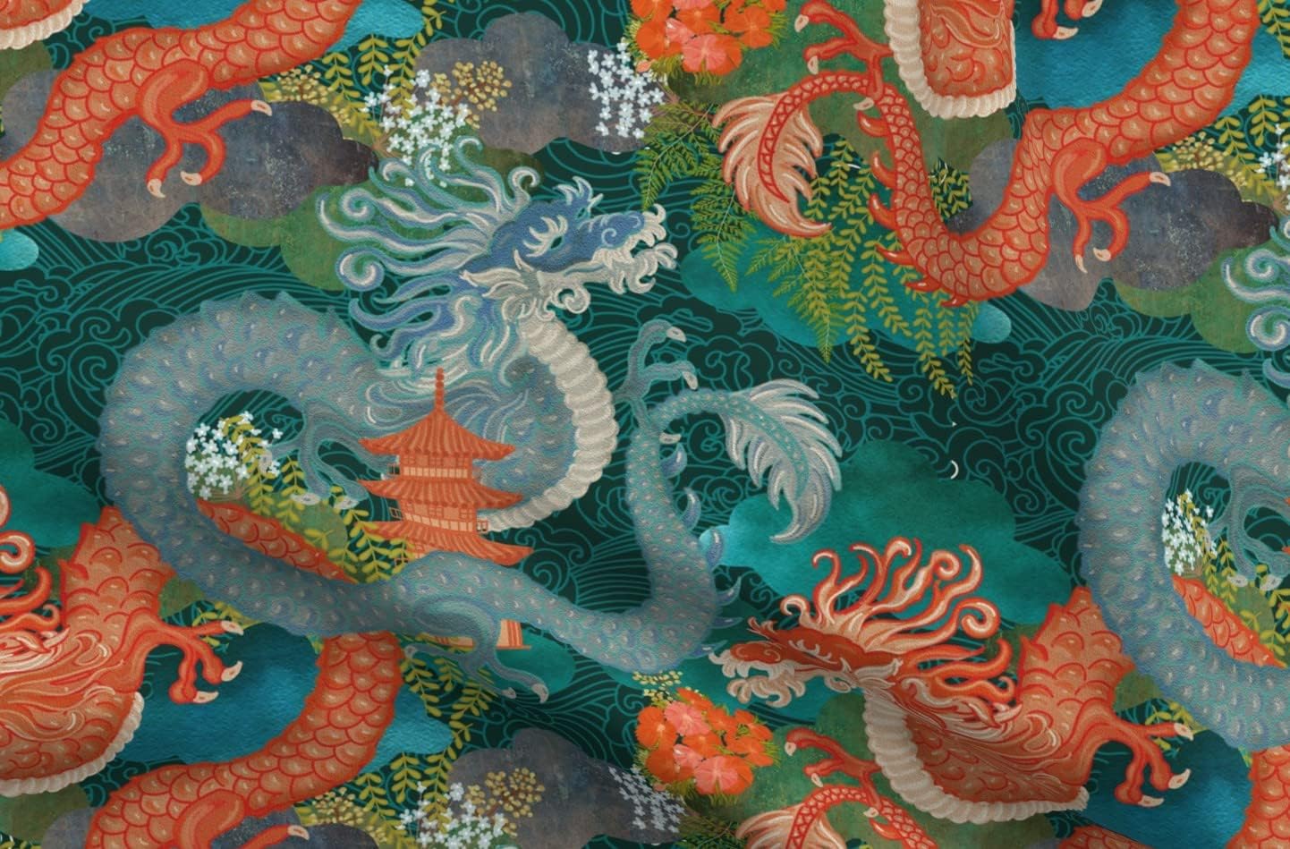 Spoonflower Fabric - Japanese Dragon Folklore Maximalist Mythical Creatures Cryptozoology Printed on Upholstery Velvet Fabric Fat Quarter - Upholstery Home Decor Bottomweight Apparel