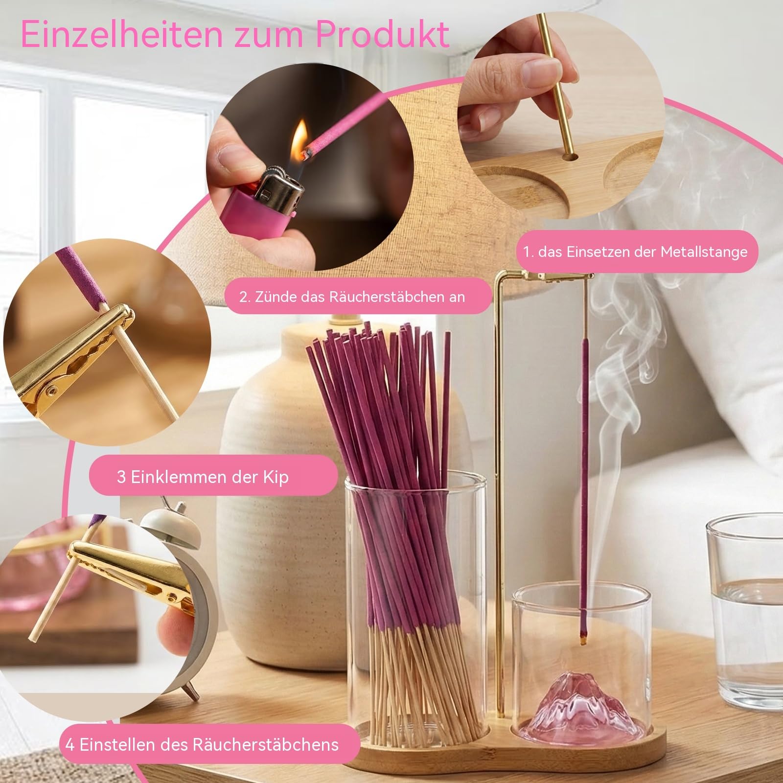 Räucherstäbchenhalter aus Holz mit abnehmbarem Rosa Eschenbecher und kleiner Vasenfunktion, 30 Räucherstäbchen mit Rosenduft, für Meditation, Yoga, Spa, Zen-Dekor und Geschenke
