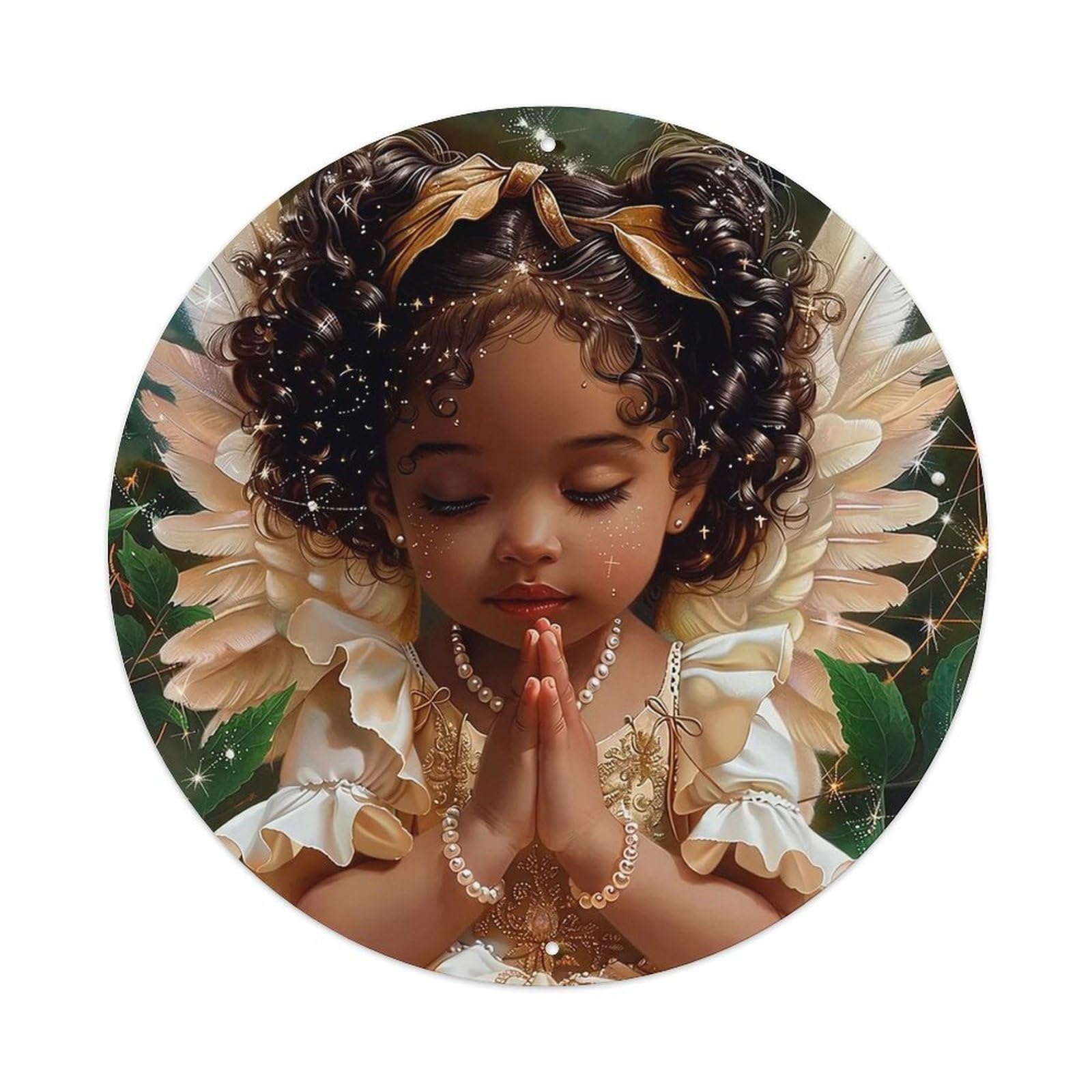 Angel Wings Pearl Necklace Curly Hair Sparkle Stars Metal Tin Sign Plaque