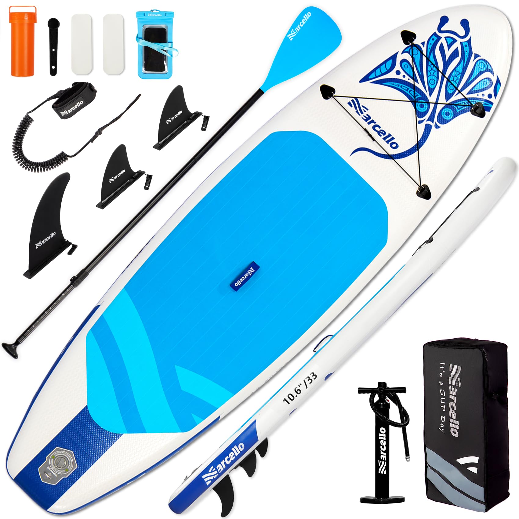 Humberto Inflatable Stand Up Paddle Board, 10‘6×33"×6" Premium SUP Board with Hand Pump, Leash, Repair Kit, Waterproof Phone Case and Backpack, Paddle Board for Adults (blue manta)