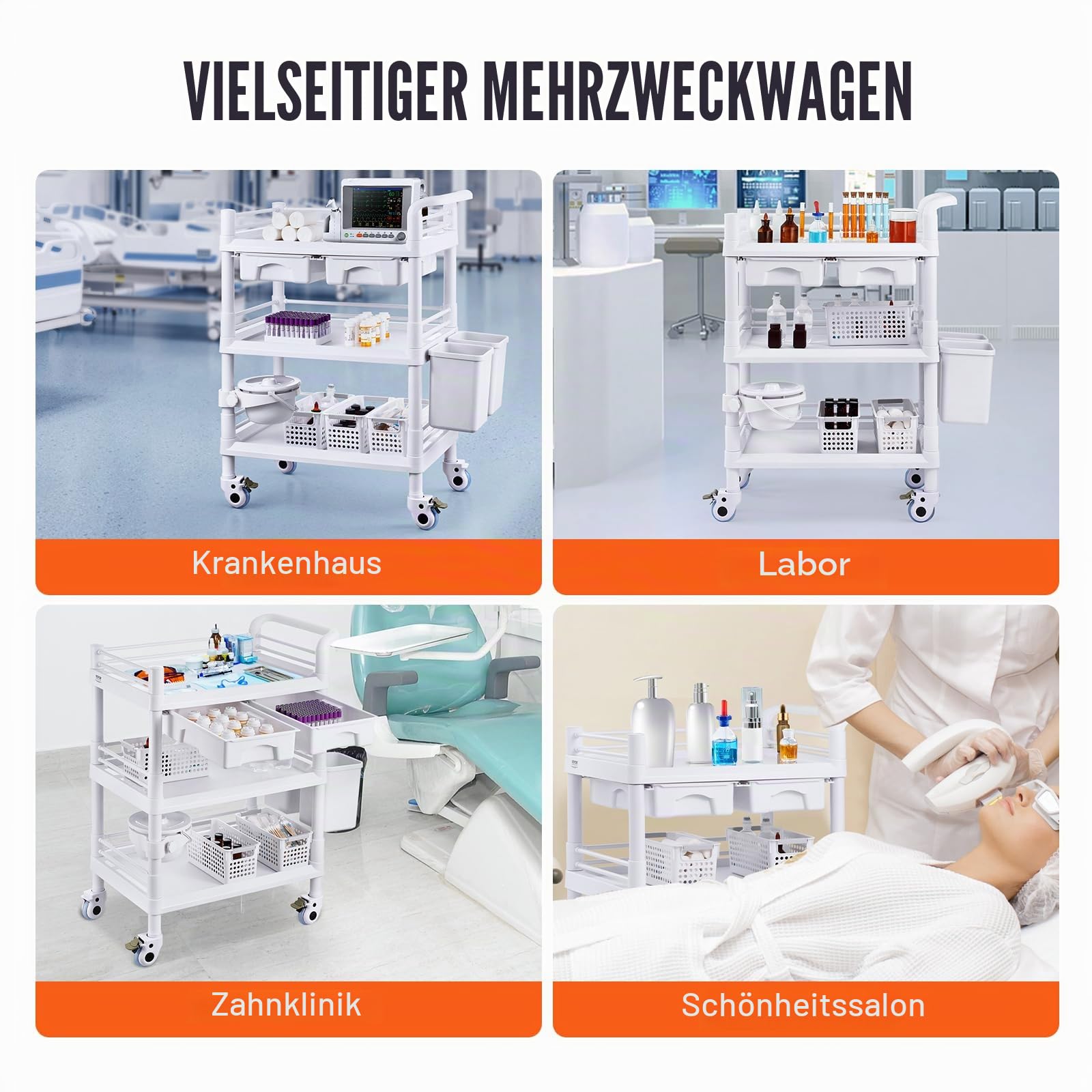VEVOR Laborwagen Medizinwagen mit 3 Ablagen und 4 Rädern, Rollbarer Laborwagen PP-Material, 50 kg belastbarer Servierwagen Medizinischer Wagen für Labor, Klinik, Krankenhaus, Salon, 645 x 445 mm
