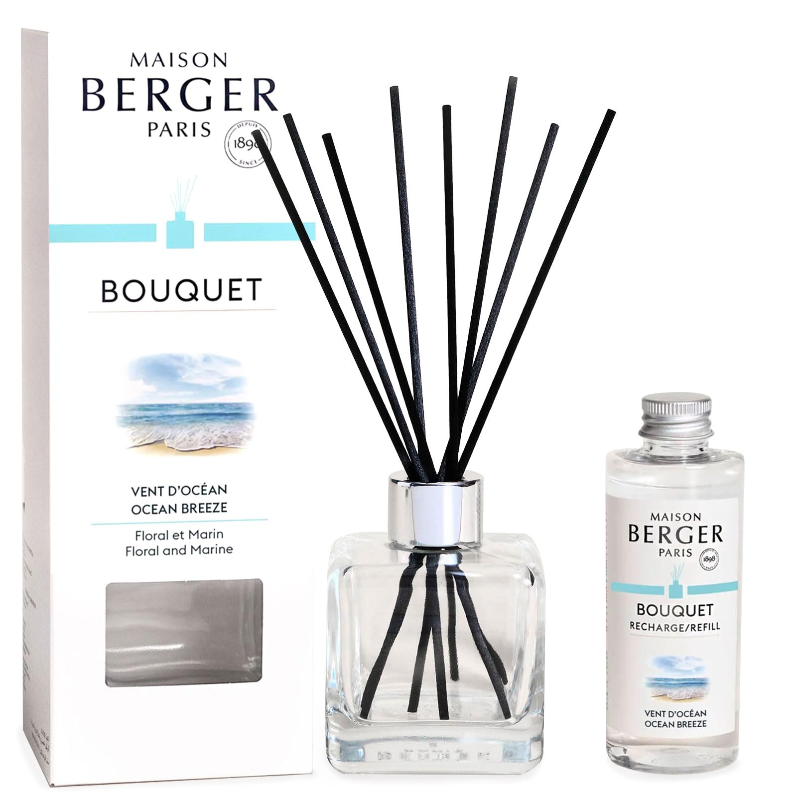 MAISON BERGER - Reed Diffuser Clear Glass Scented Bouquet - 8 Black Reed Sticks (8.3 inches) - Includes 100 Milliliters (3.4 Fluid Ounces) Fragrance Refill (Ocean Breeze)